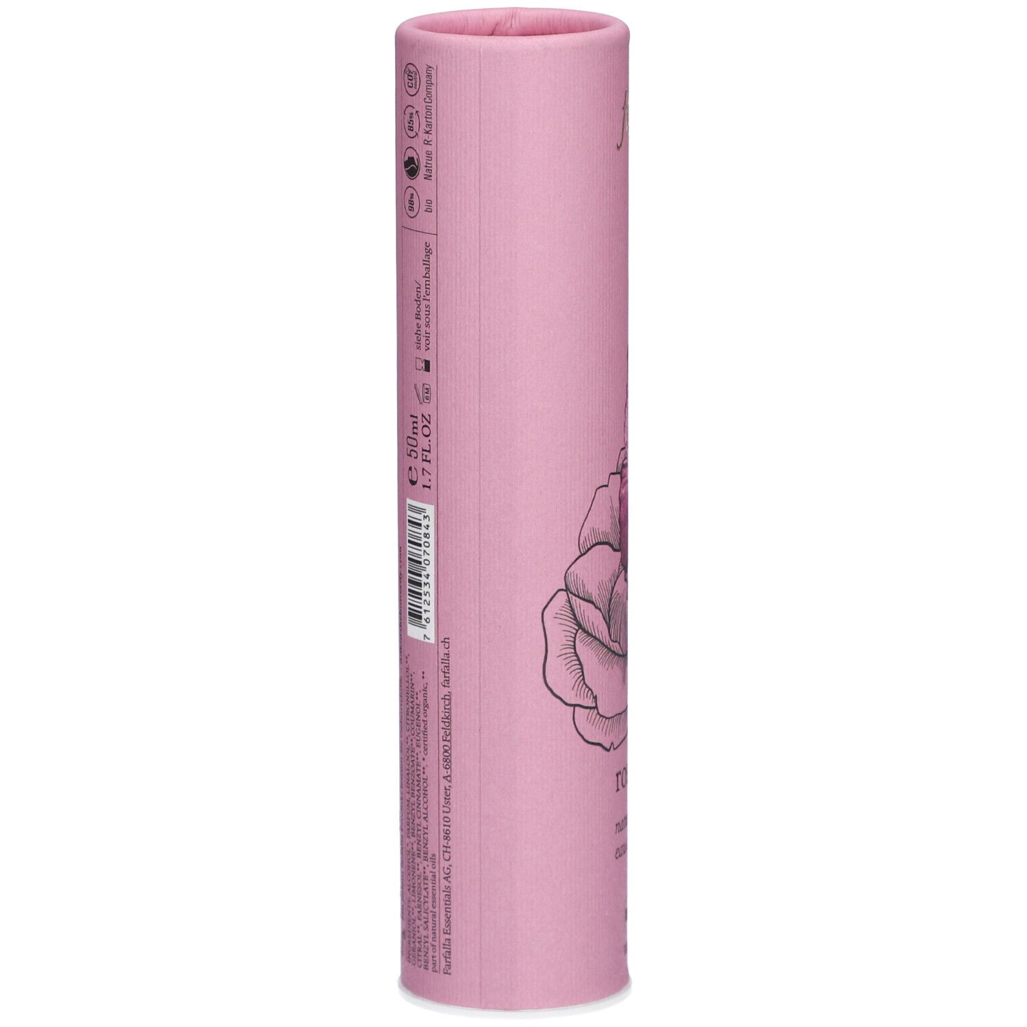 Roze cilindrische verpakking. Zijaanzicht met tekst en logo's. Bevat 50ml.