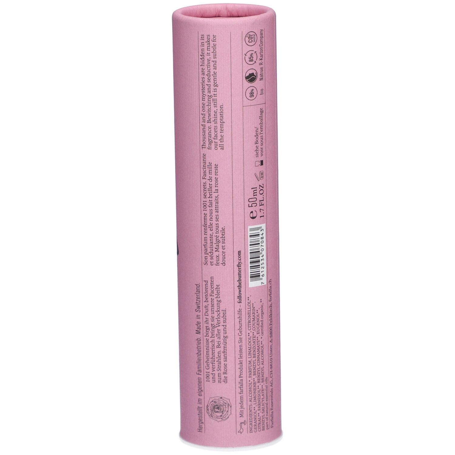 Roze cilindrische verpakking. Tekst en logo's op de zijkant. Gemaakt in Zwitserland.