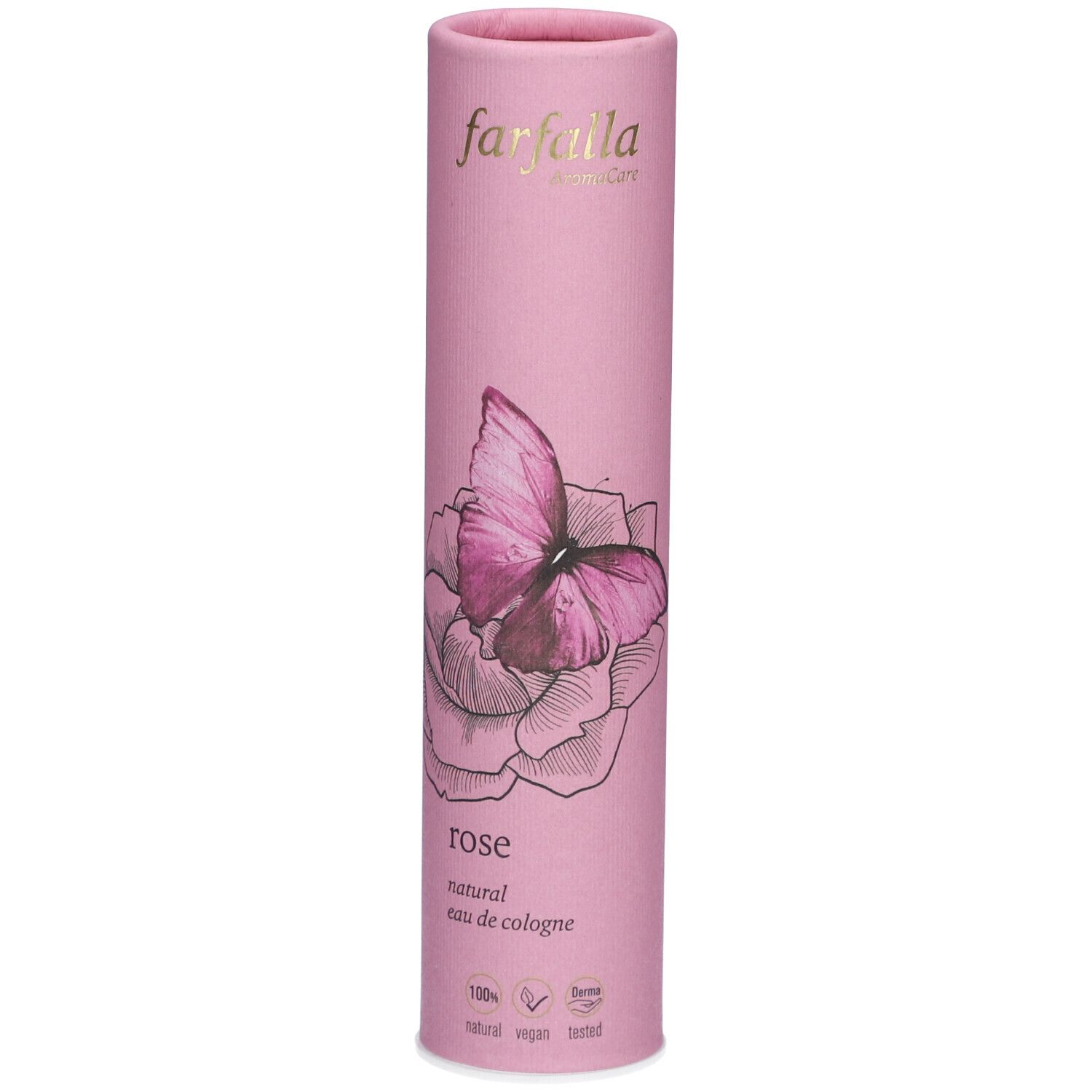 Roze cilindrische verpakking met opdruk: Rose, vlinder, logo. 100% natuurlijk, vegan.