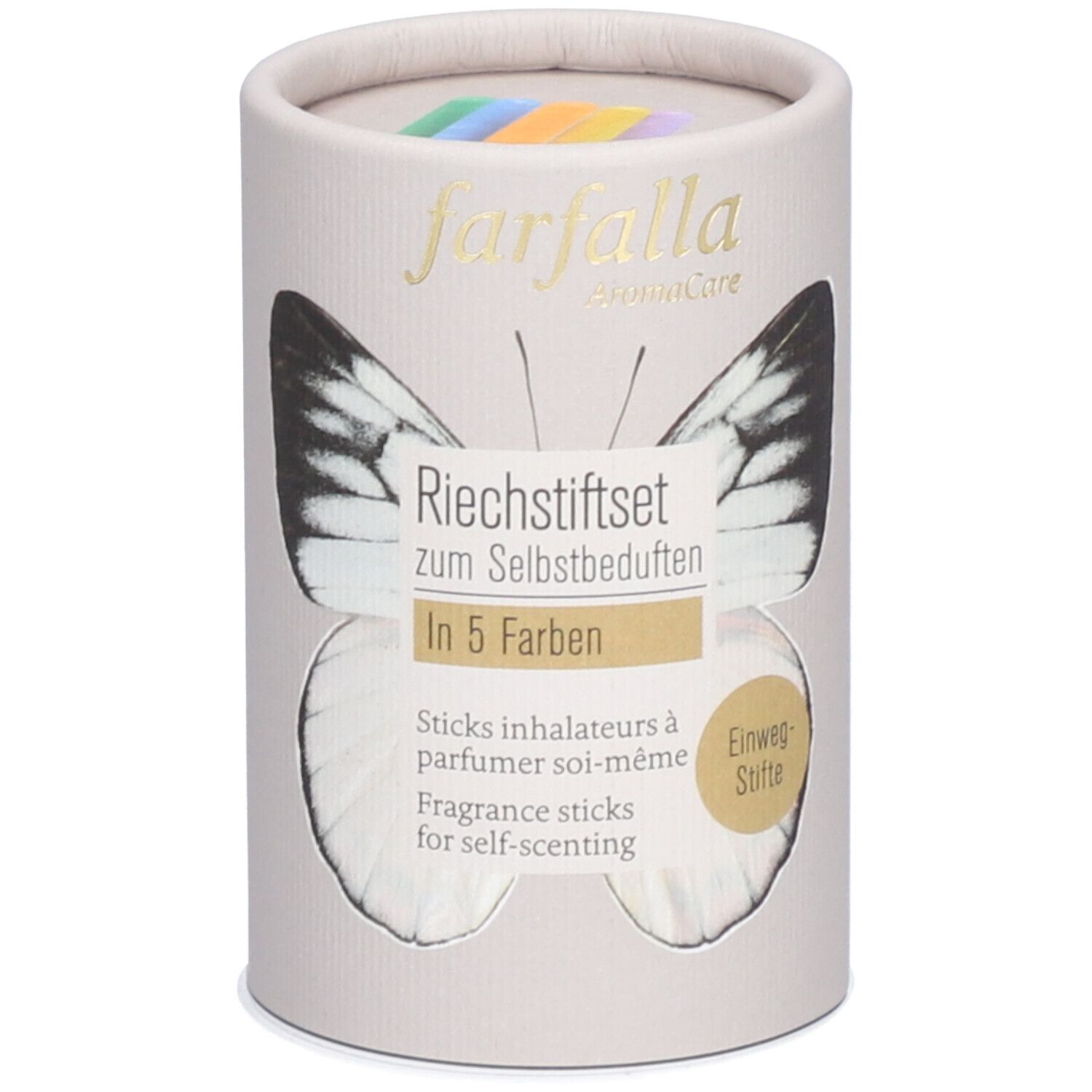 Cilindrische verpakking met gekleurde inhalatiesticks. Opschrift: Geurstiftset, 5 kleuren, farfalla aromaCare.