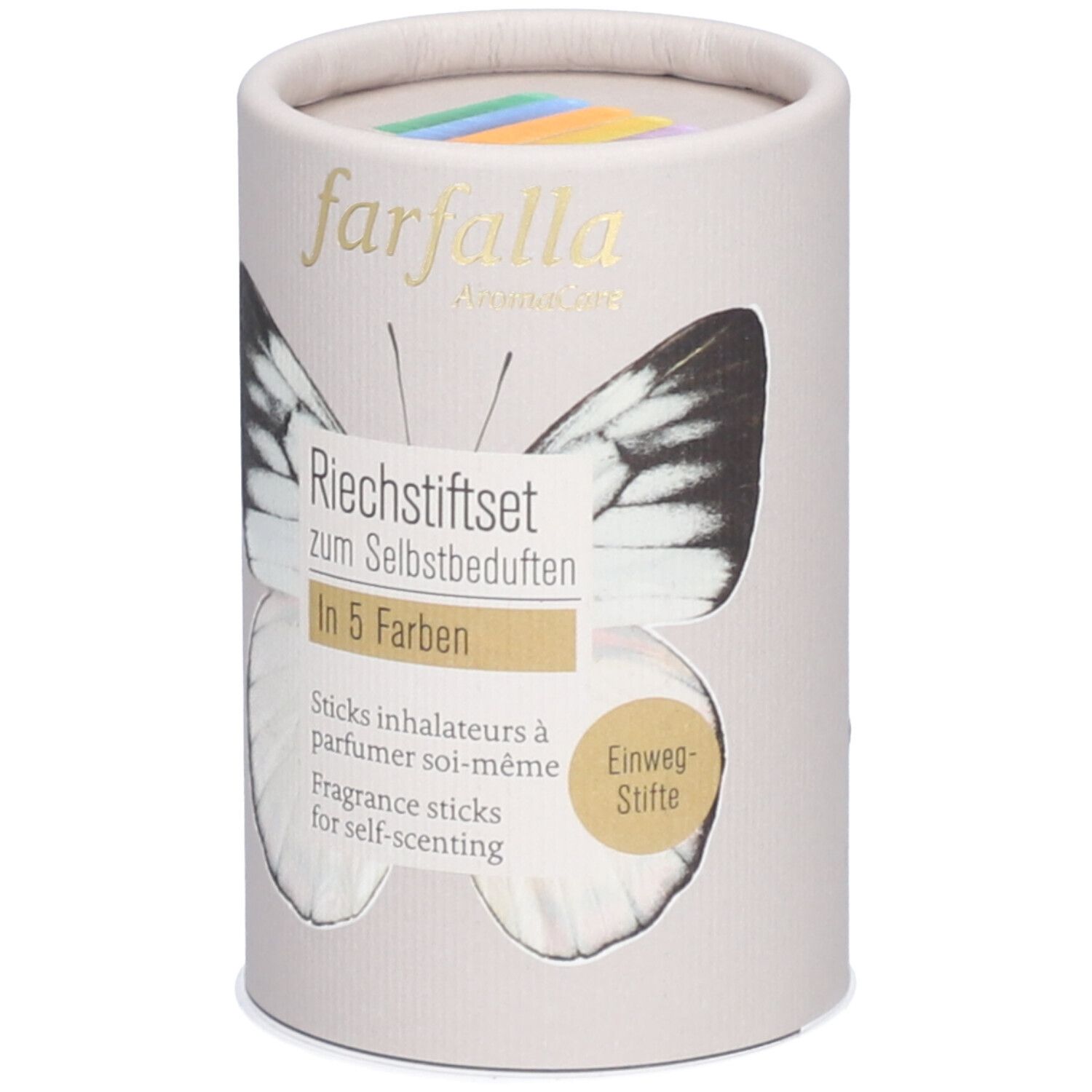 Cilindrische verpakking met gekleurde inhalatiesticks. Opschrift: Geurstiftset, 5 kleuren, farfalla aromaCare.