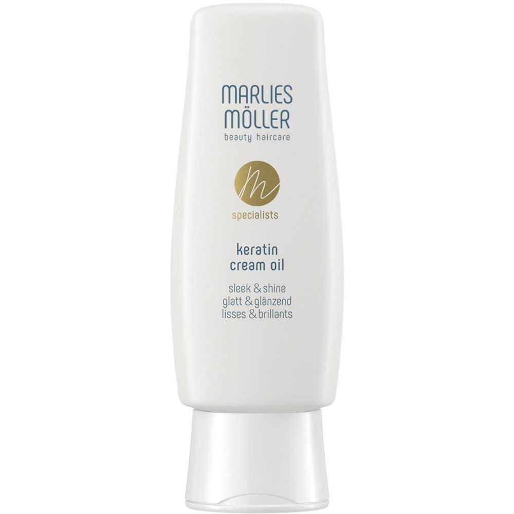 Witte fles Marlies Möller Keratin Cream Oil. Opschrift, logo en productnaam. Glad & glanzend.
