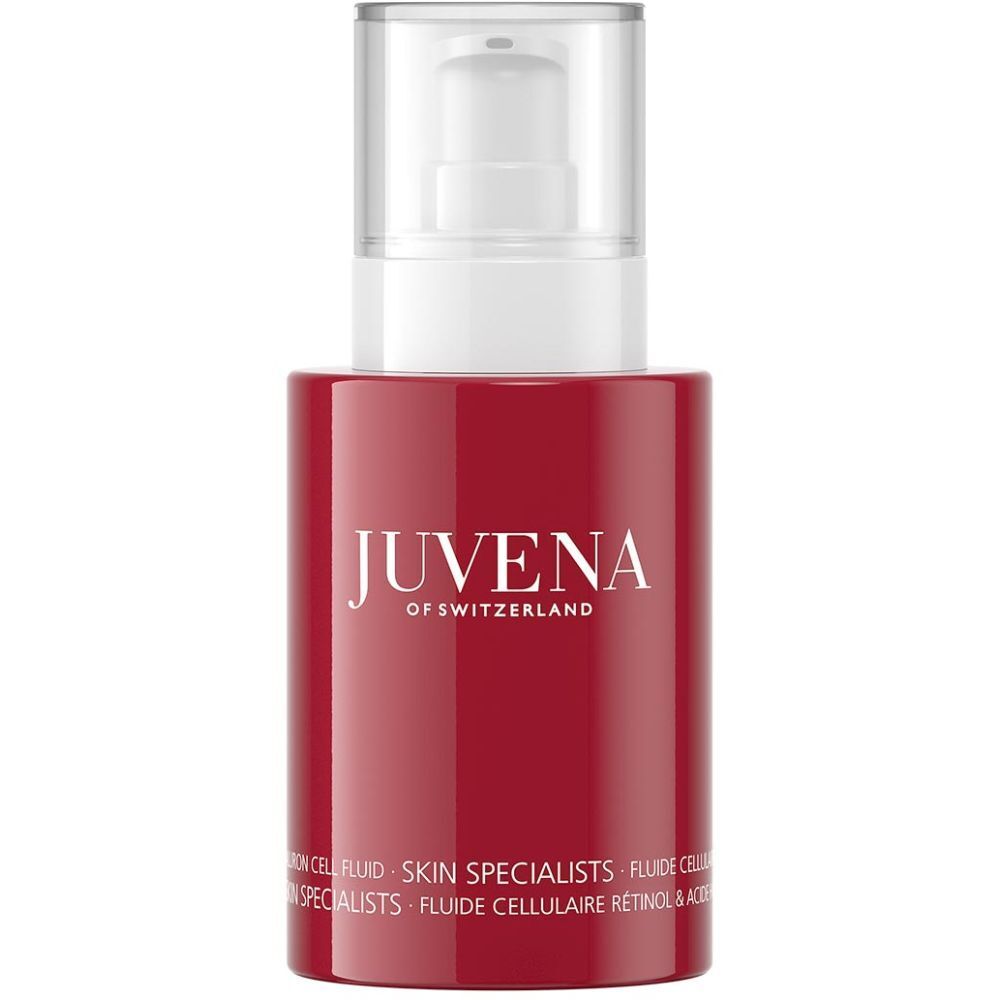 Flacon rouge avec pompe blanche. Inscription: JUVENA OF SWITZERLAND. Texte: SKIN SPECIALISTS, Retinol & Hyaluron Cell Fluid.