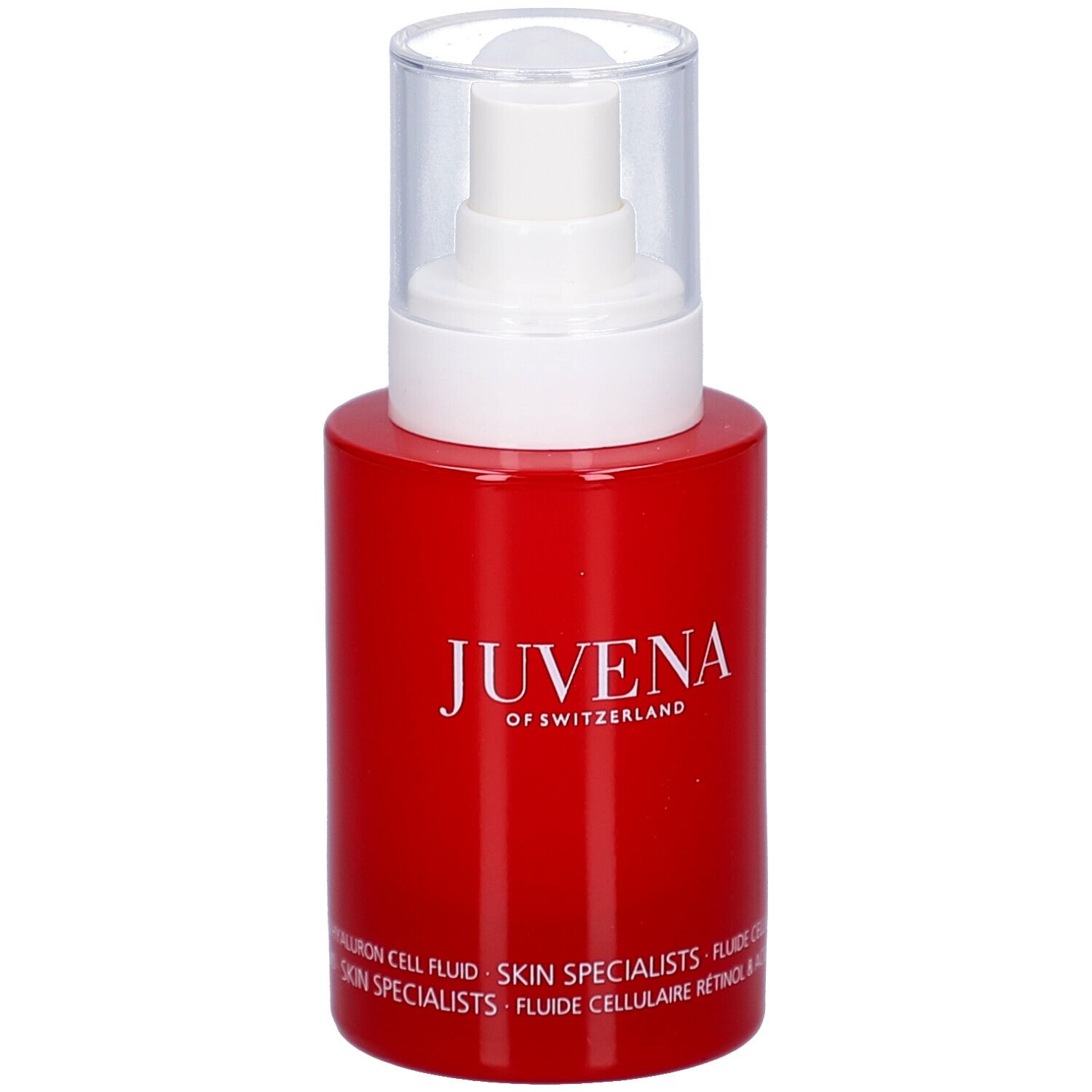 Flacon rouge avec pompe blanche. Inscription: JUVENA OF SWITZERLAND. Texte: SKIN SPECIALISTS, Retinol & Hyaluron Cell Fluid.