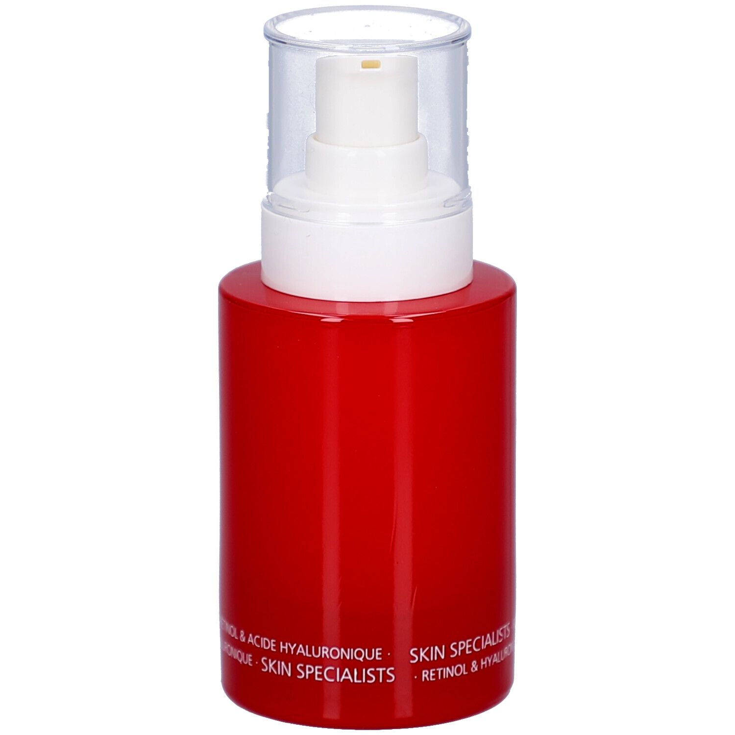 Flacon rouge avec pompe blanche. Inscription: JUVENA OF SWITZERLAND. Texte: SKIN SPECIALISTS, Retinol & Hyaluron Cell Fluid.
