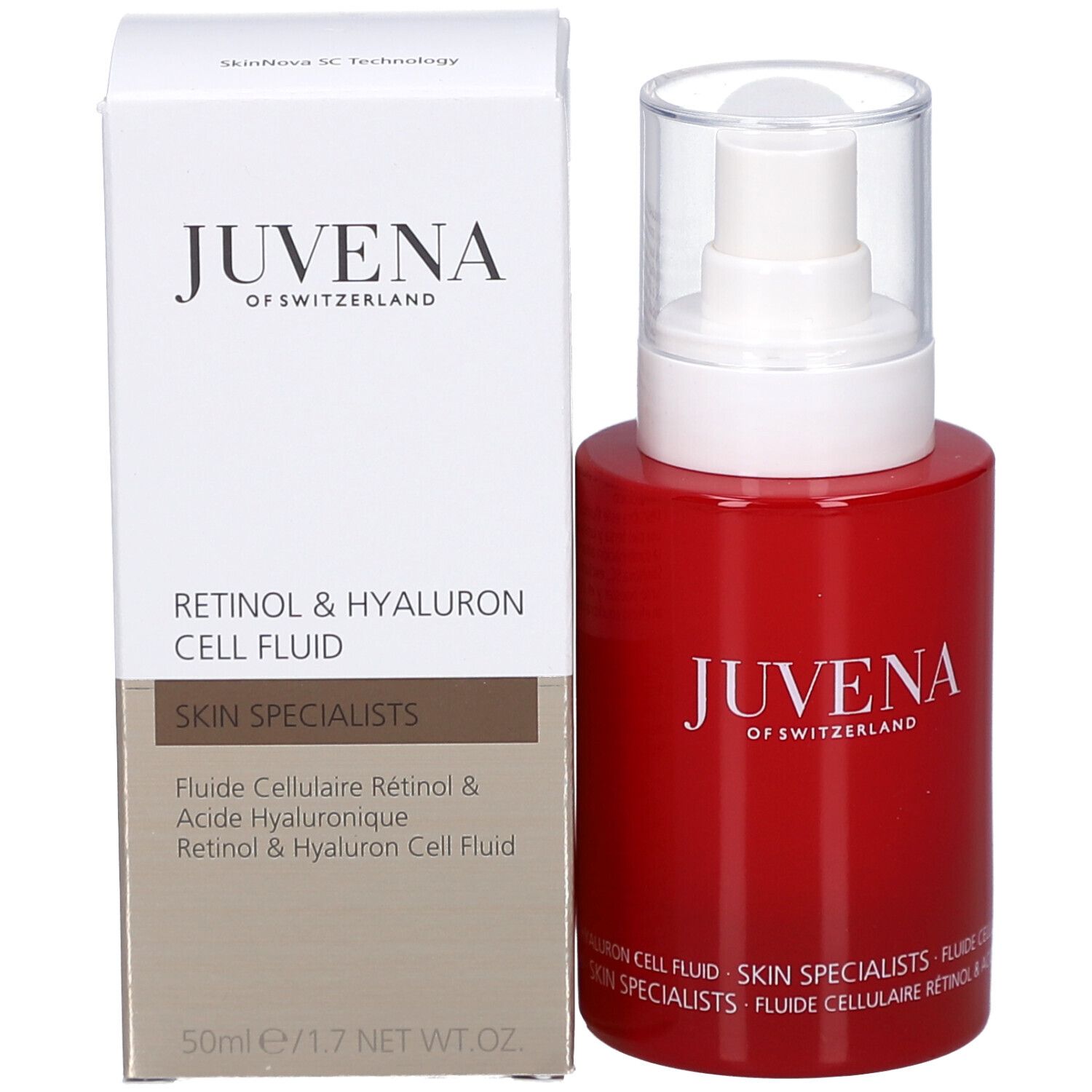 Flacon rouge avec pompe blanche et emballage. Inscription: JUVENA OF SWITZERLAND. Texte: Retinol & Hyaluron Cell Fluid.