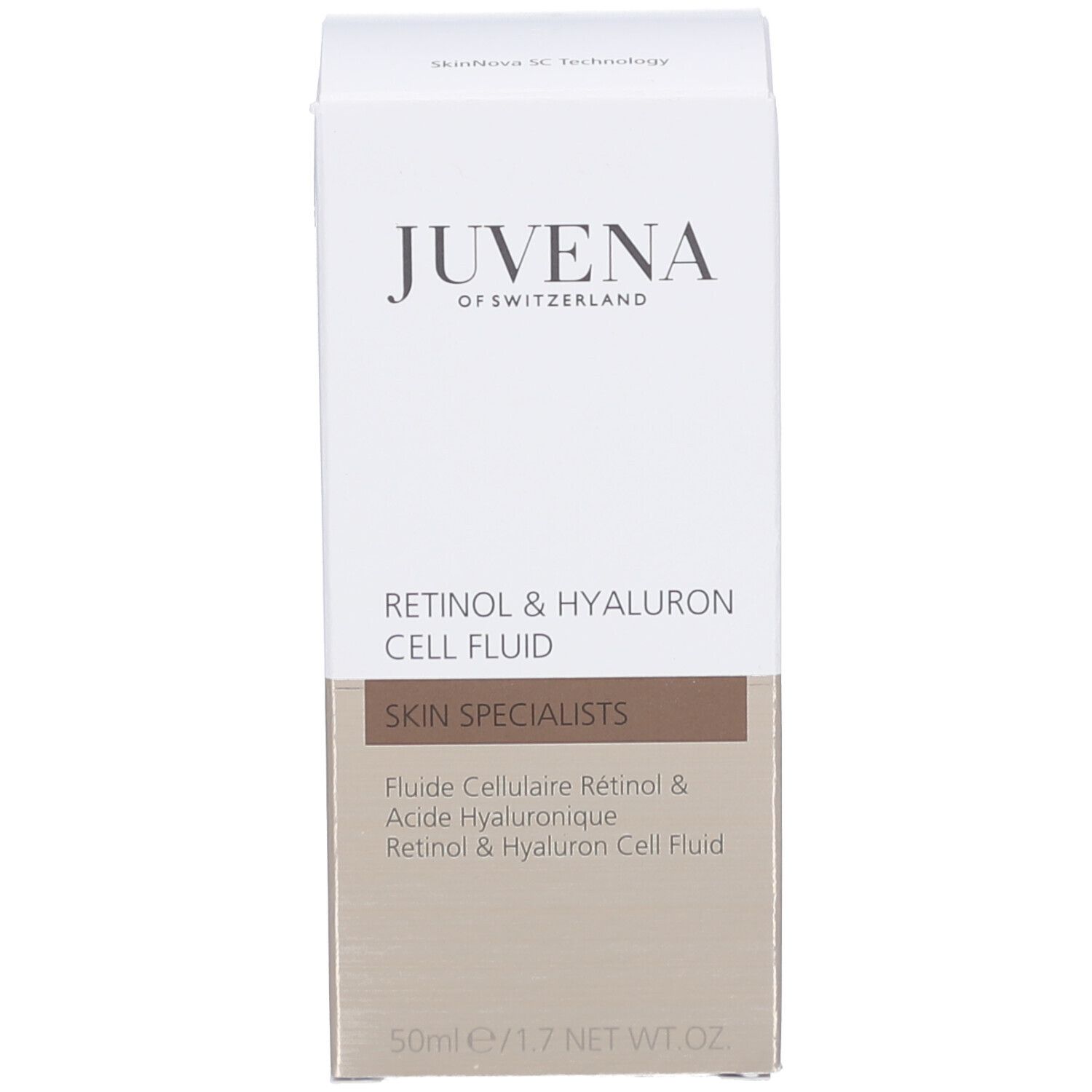 Emballage. Inscription: JUVENA OF SWITZERLAND. Texte: Retinol & Hyaluron Cell Fluid, Skin Specialists.