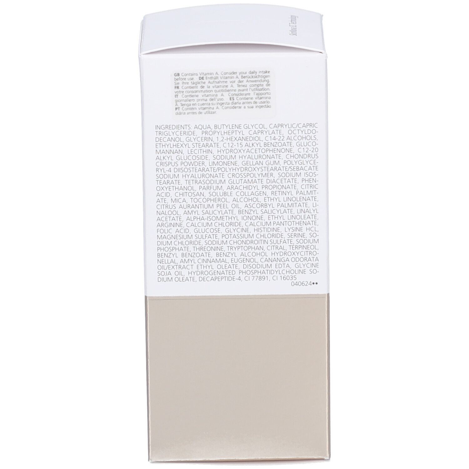 Emballage. Texte: Ingrédients, description en plusieurs langues.