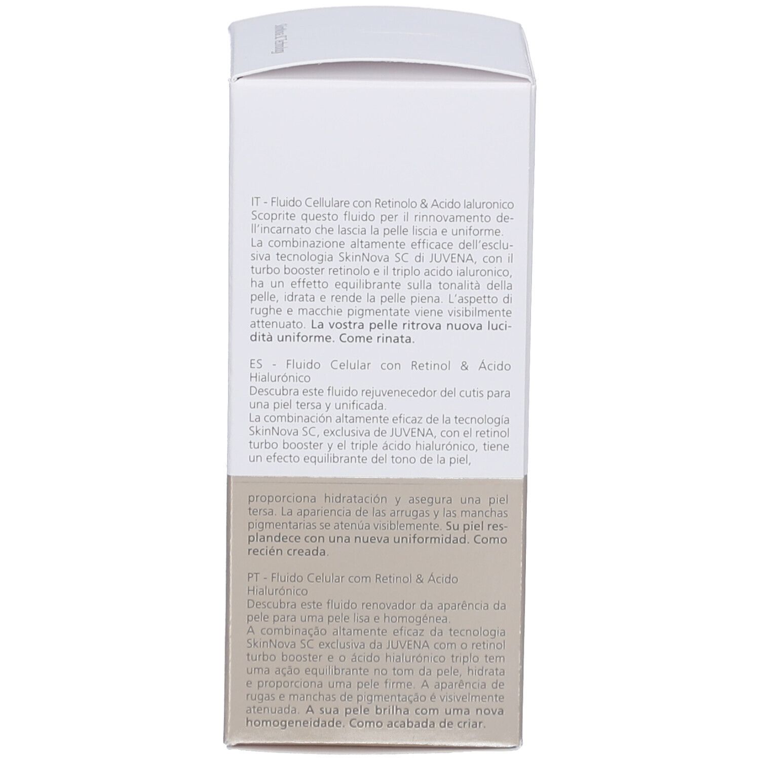 Flacon rouge avec pompe blanche. Inscription: JUVENA OF SWITZERLAND. Texte: SKIN SPECIALISTS, Retinol & Hyaluron Cell Fluid.