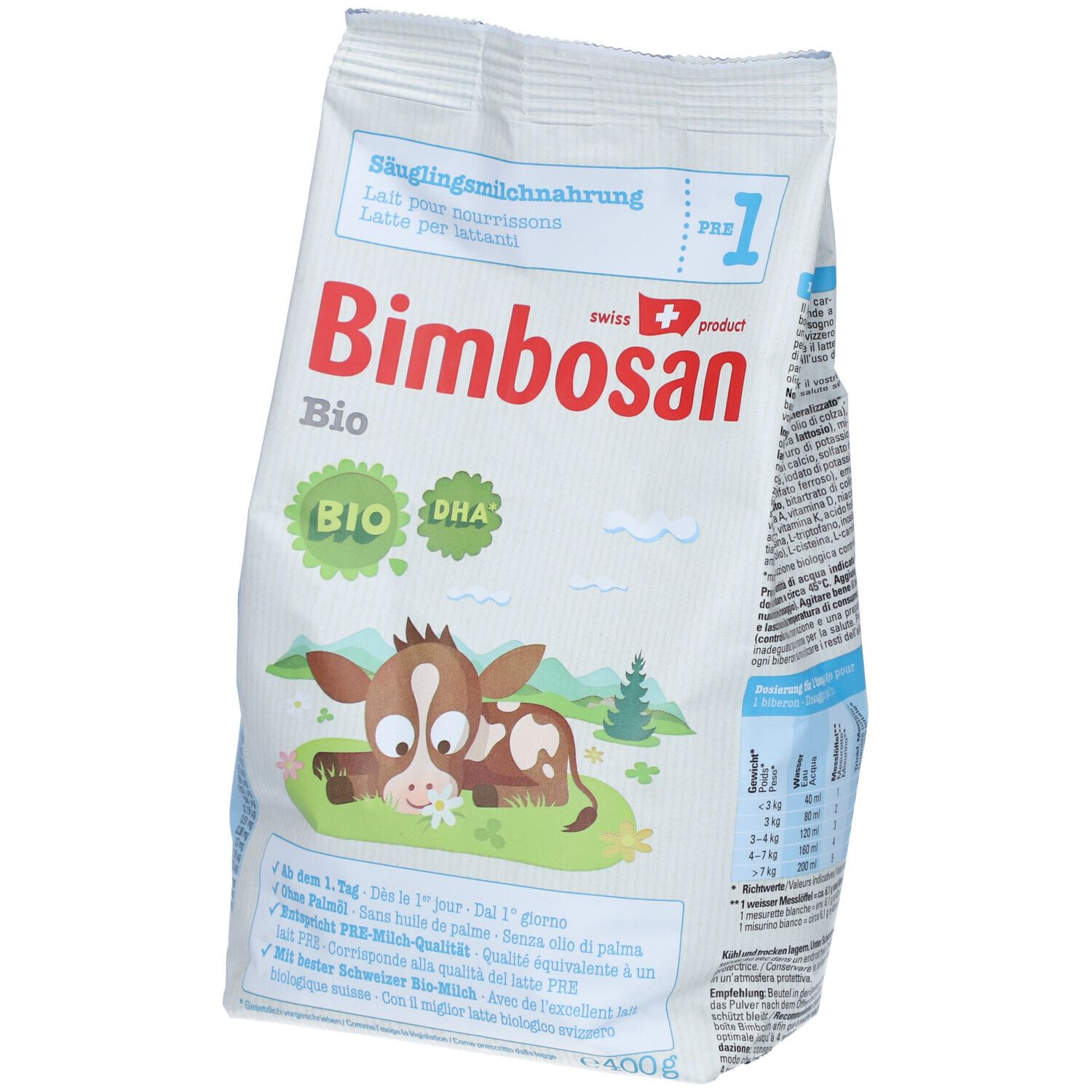 Sachet de lait infantile Bimbosan Bio 1. Inscriptions : Bio, DHA, illustration de vache, drapeau suisse, texte.