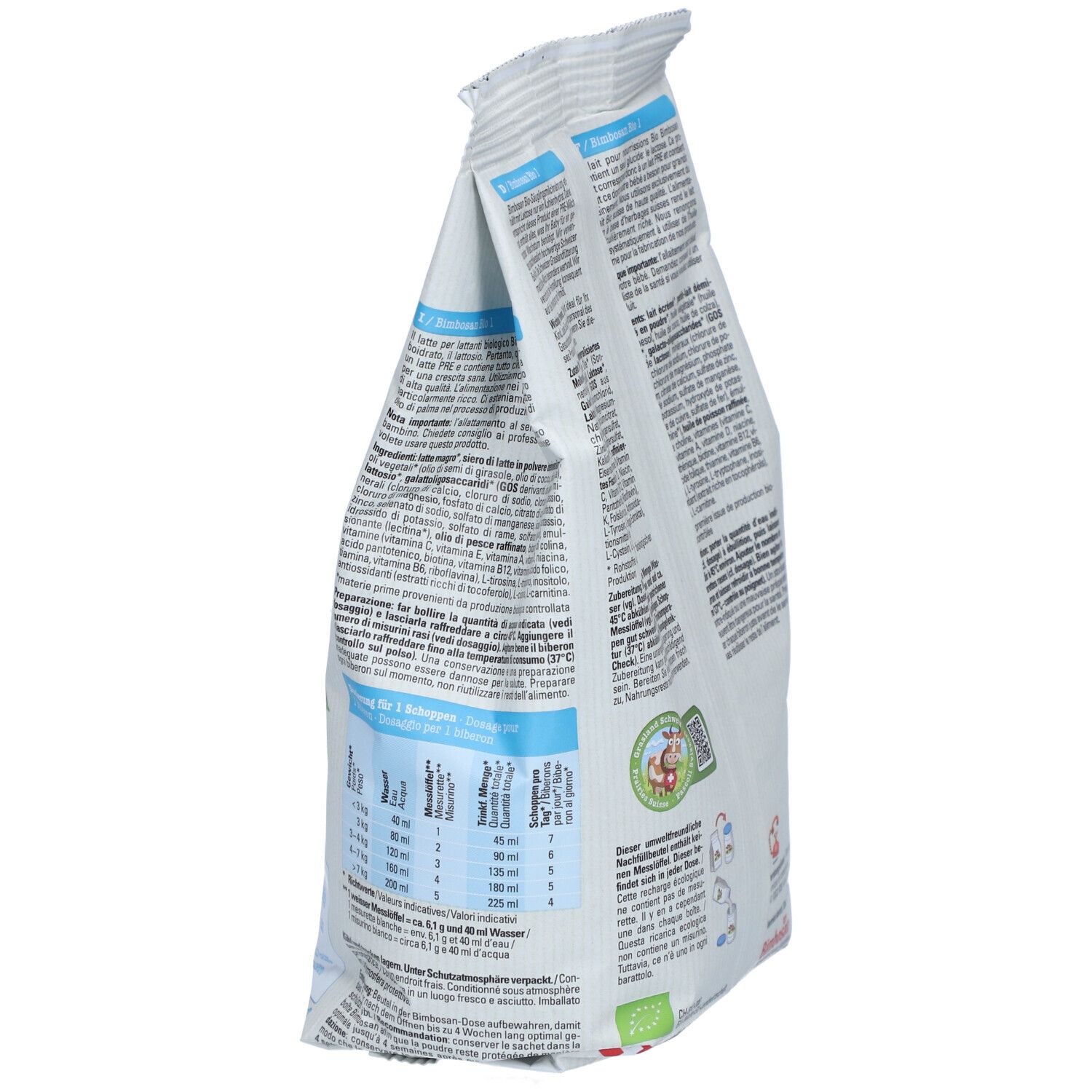 Sachet de lait infantile Bimbosan Bio 1, vue latérale. Inscriptions : tableau de dosage, label bio, texte.