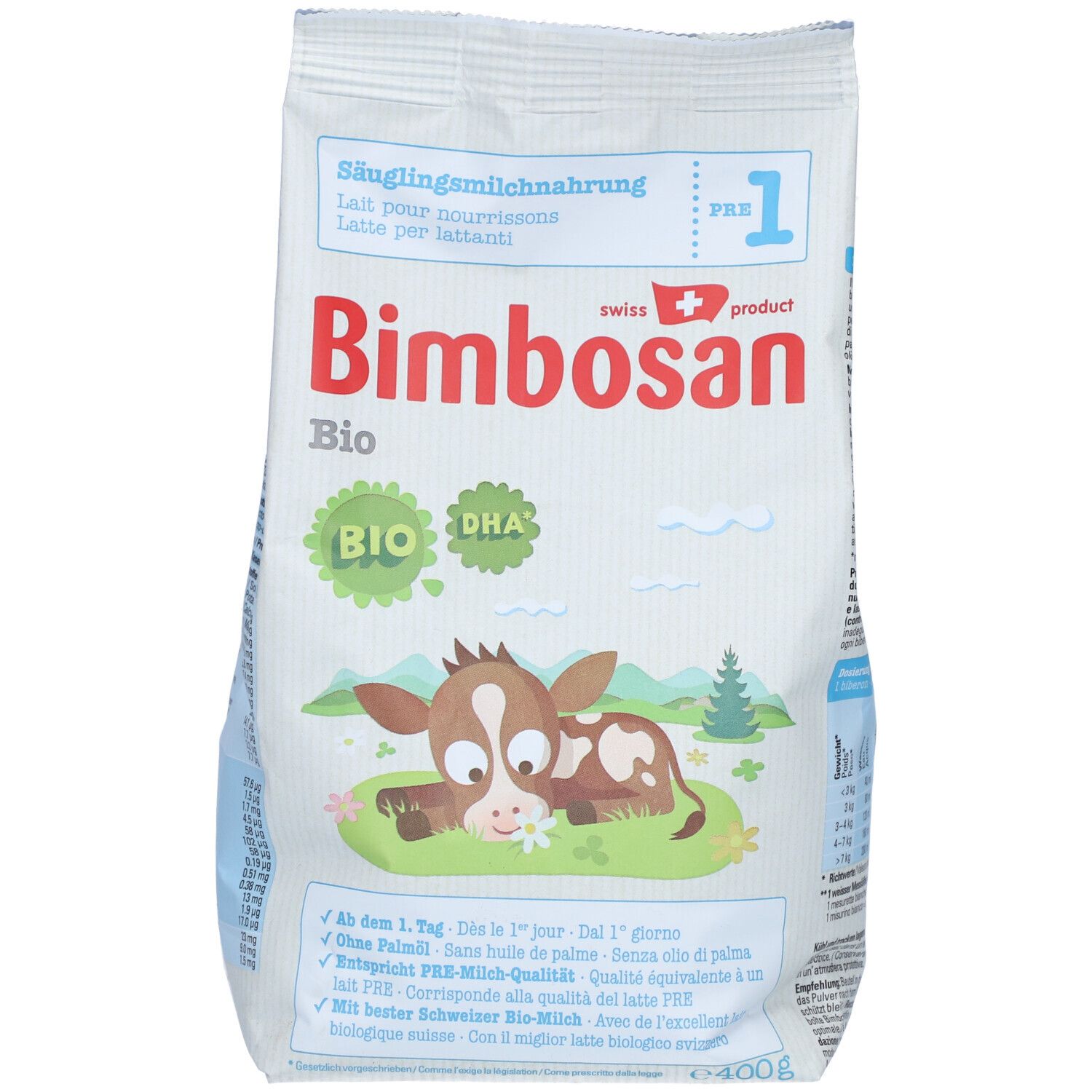 Sachet de lait infantile Bimbosan Bio 1. Inscriptions : Bio, DHA, illustration de vache, drapeau suisse, texte.