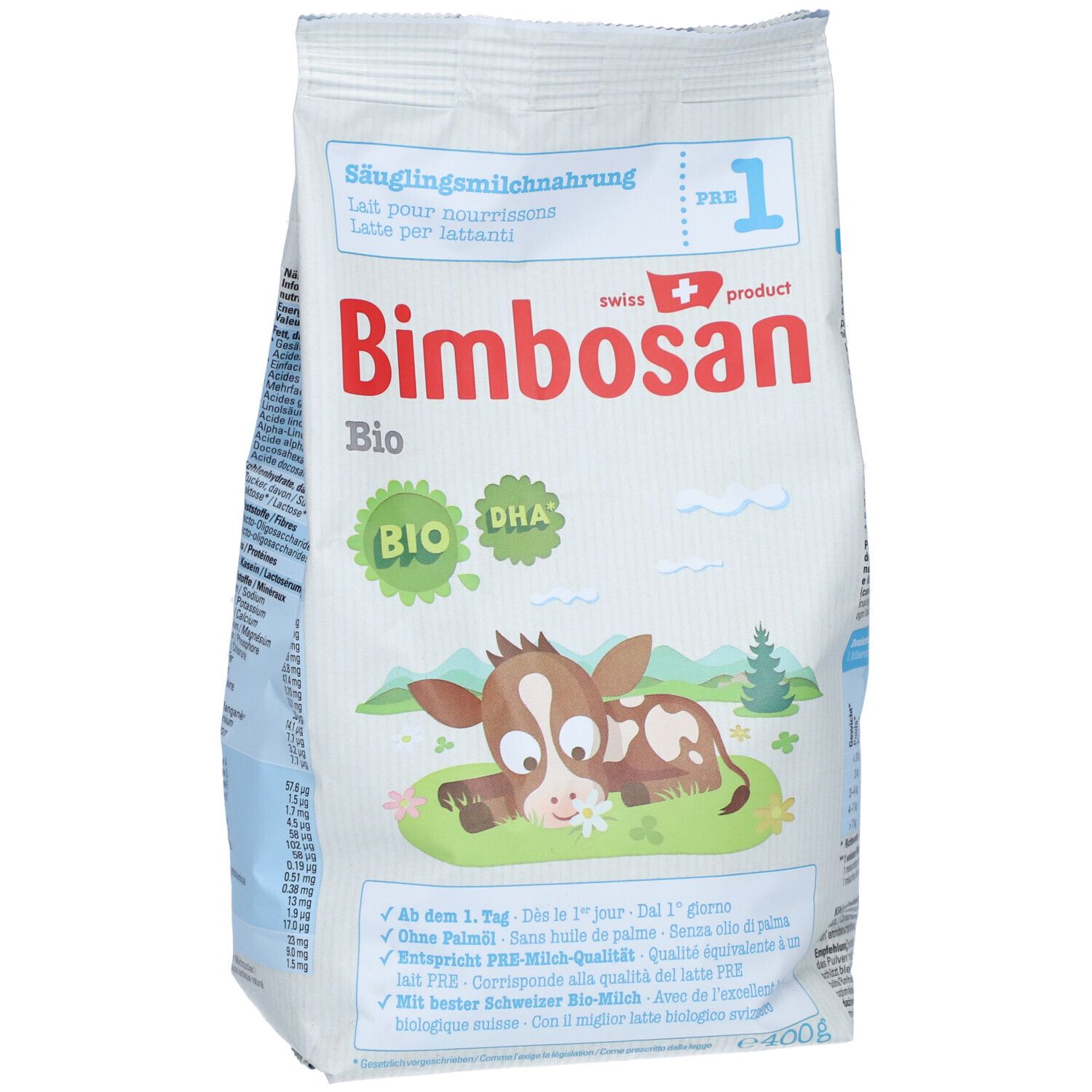 Sachet de lait infantile Bimbosan Bio 1. Inscriptions : Bio, DHA, illustration de vache, drapeau suisse, texte.