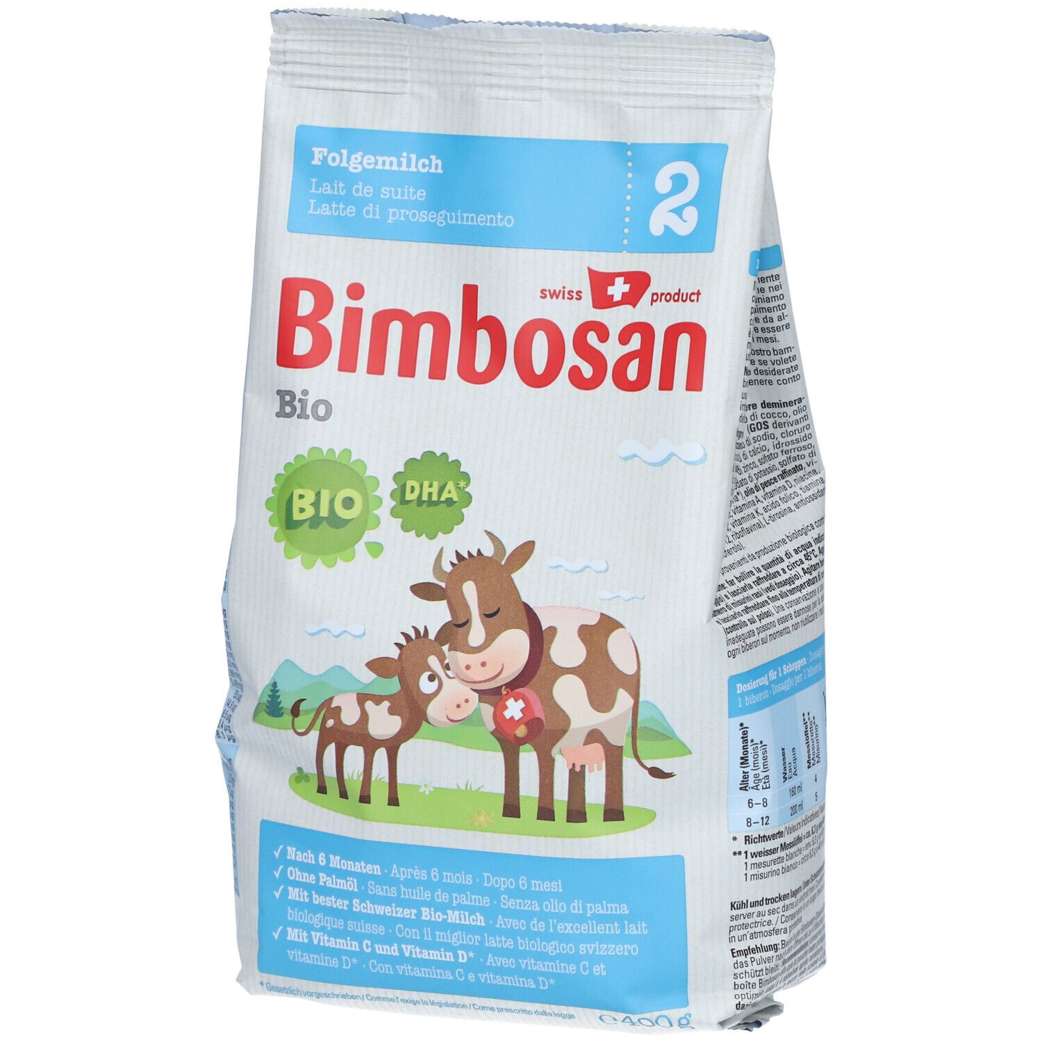 Bimbosan Bio 2 Folgemilch navulverpakking. Voorkant met koe-illustratie, productnaam en Bio-label. Bevat DHA.