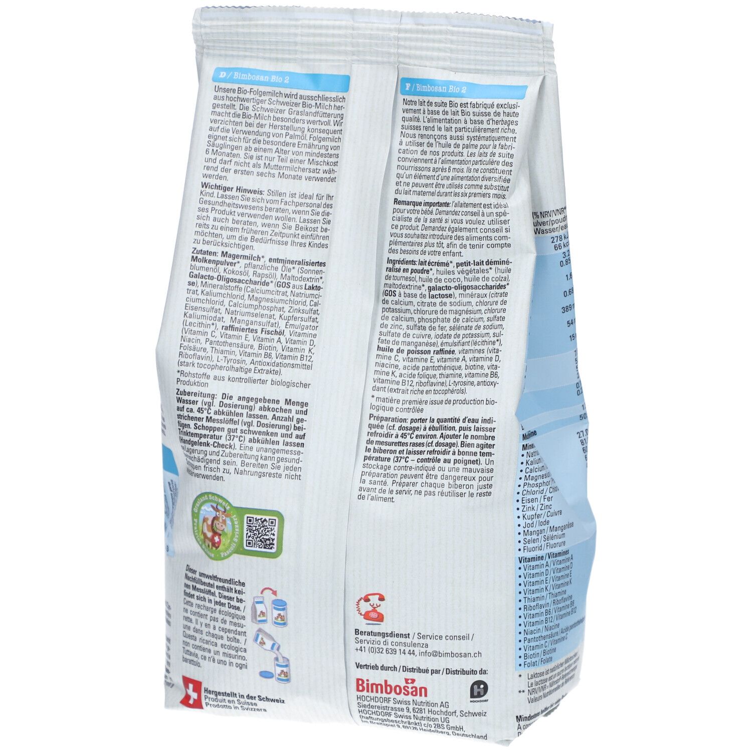 Achterkant van de Bimbosan Bio 2 Folgemilch navulverpakking. Tekstinformatie in meerdere talen. Zwitsers kruis en Bio-label.