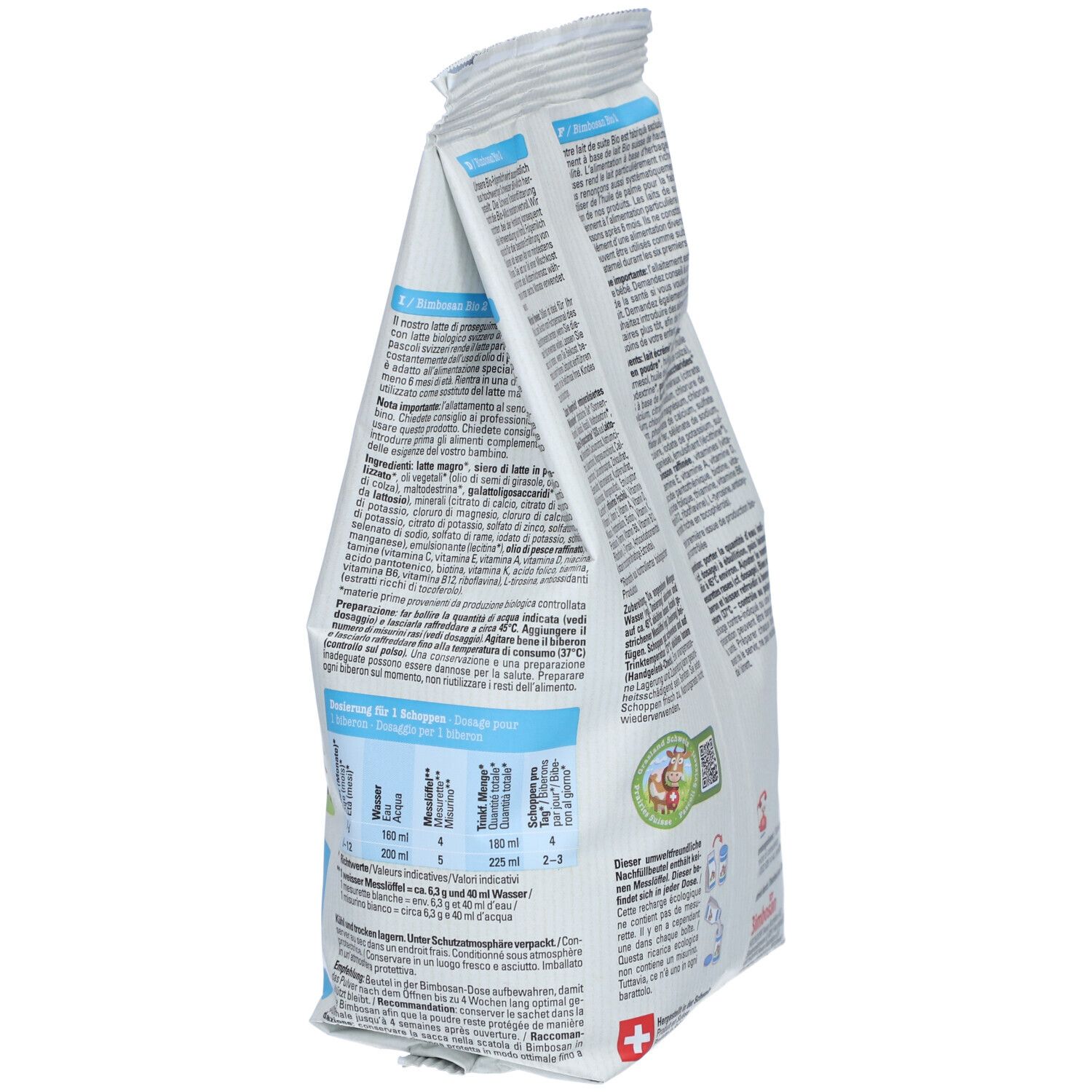 Bimbosan Bio 2 Folgemilch navulverpakking. Schuin zijaanzicht met tekst en productinformatie. Zwitsers kruis.