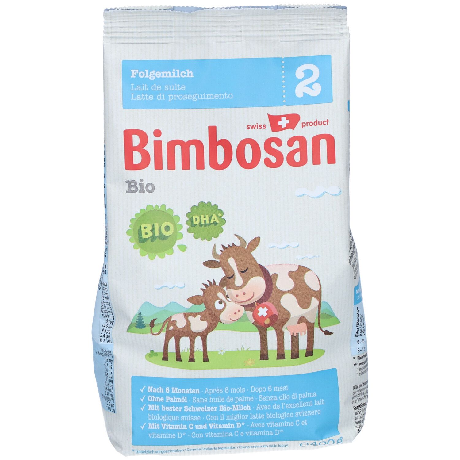 Bimbosan Bio 2 Folgemilch navulverpakking. Voorkant met koe-illustratie, productnaam en Bio-label. Bevat DHA.