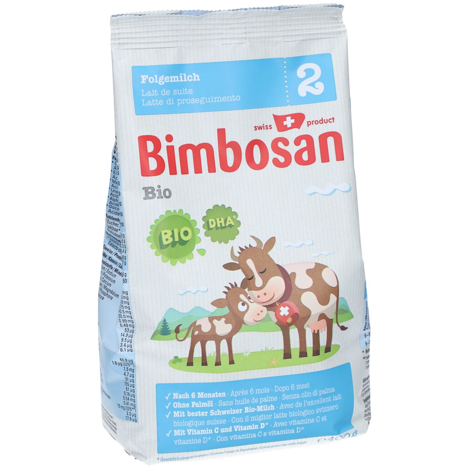 Bimbosan Bio 2 Folgemilch navulverpakking. Voorkant met koe-illustratie, productnaam en Bio-label. Bevat DHA.