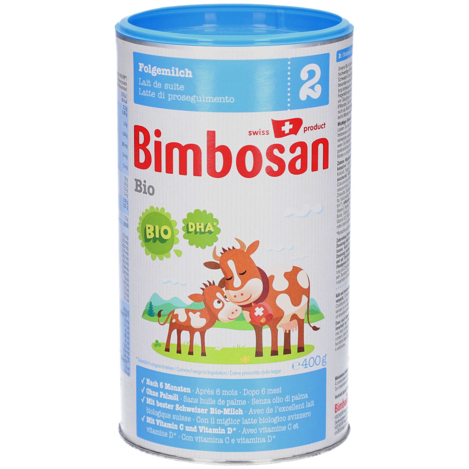 Blik Bimbosan Bio 2 opvolgmelk. Koe-illustratie. Blauwe deksel. Tekst: DHA GOS, Bio, 400g.