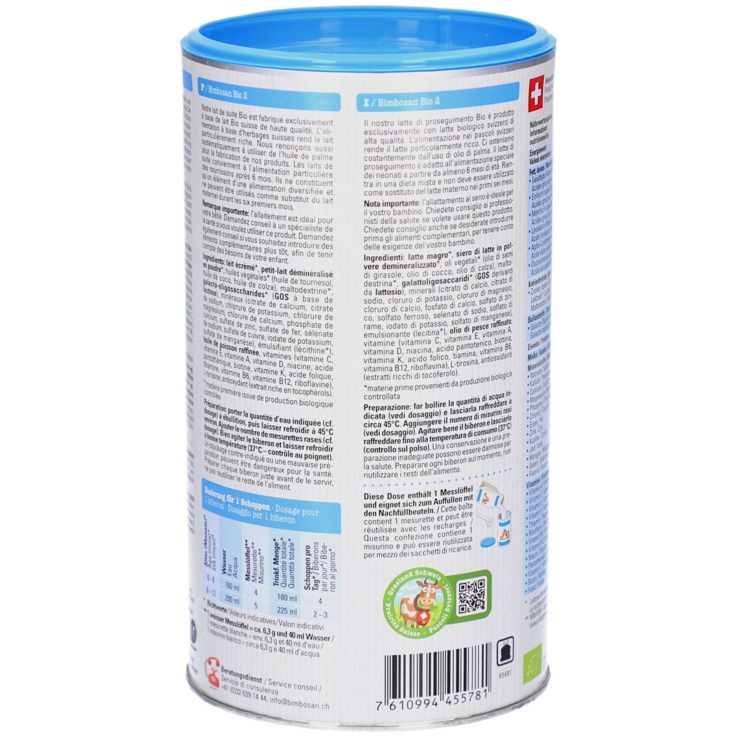 Blik Bimbosan Bio 2. Tekst en bereidingsinformatie. Zwitsers kruis. Bio-label.
