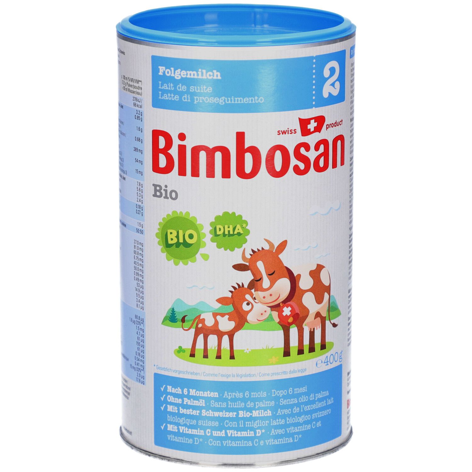 Blik Bimbosan Bio 2 opvolgmelk. Koe-illustratie. Blauwe deksel. Tekst: DHA GOS, Bio, 400g.