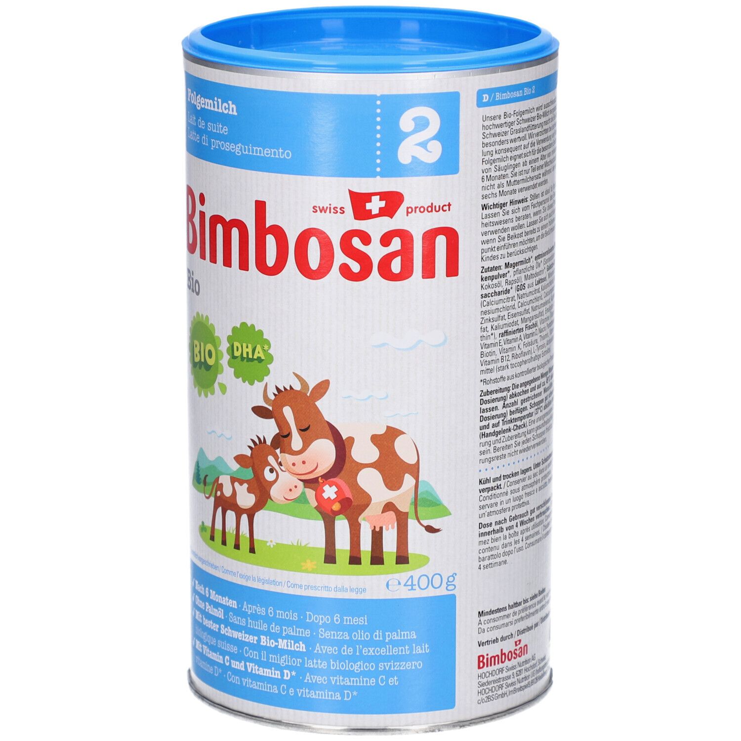 Blik Bimbosan Bio 2 opvolgmelk. Koe-illustratie. Blauwe deksel. Tekst: DHA GOS, Bio, 400g.