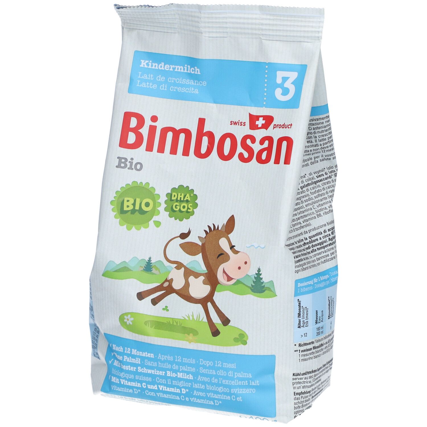 Witte zak met opdruk. "Bimbosan Bio" logo, koe-illustratie, tekst in het Duits, Frans, Italiaans. "3" rechtsboven.