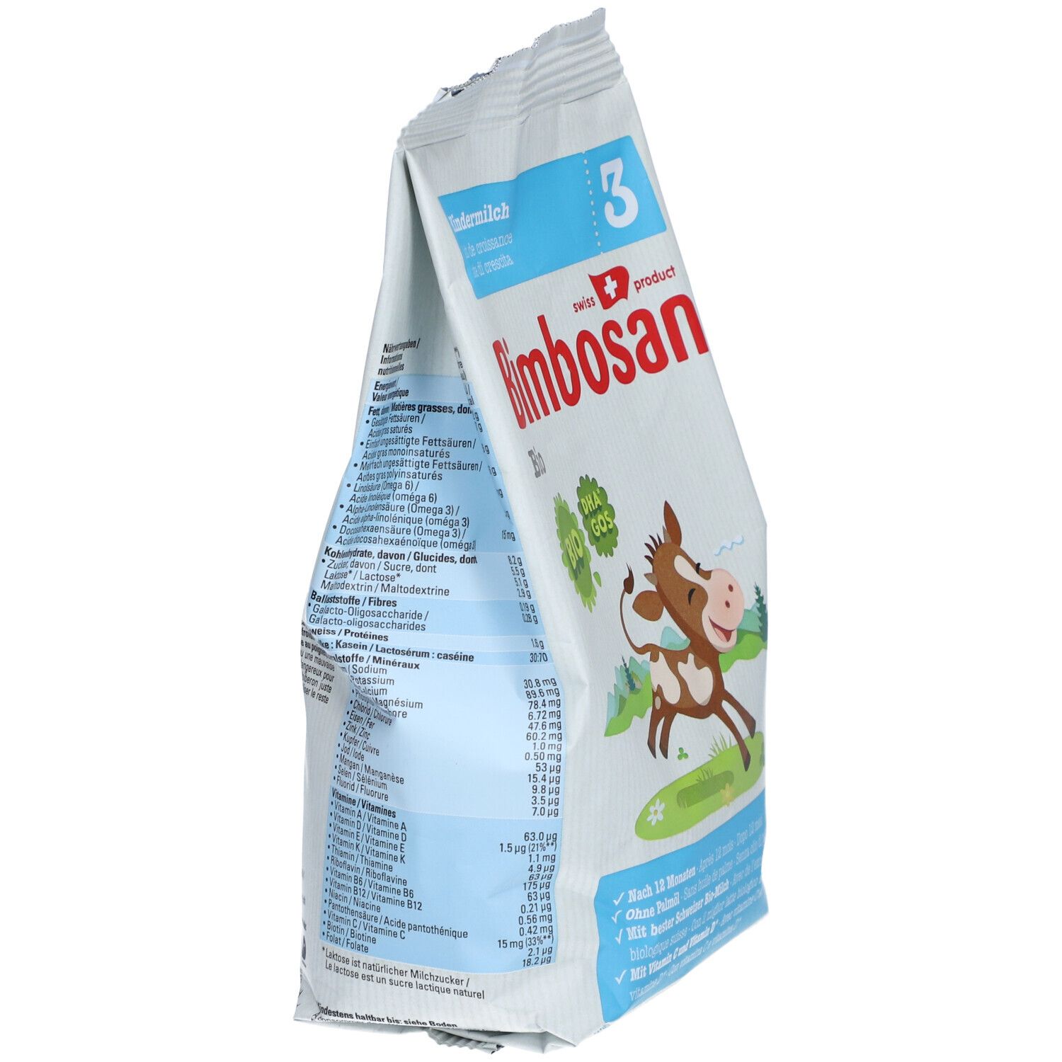 Schuine zak. Bedrukt met voedingswaarde-informatie en ingrediënten. "Bimbosan Bio" logo en koe-illustratie zichtbaar.