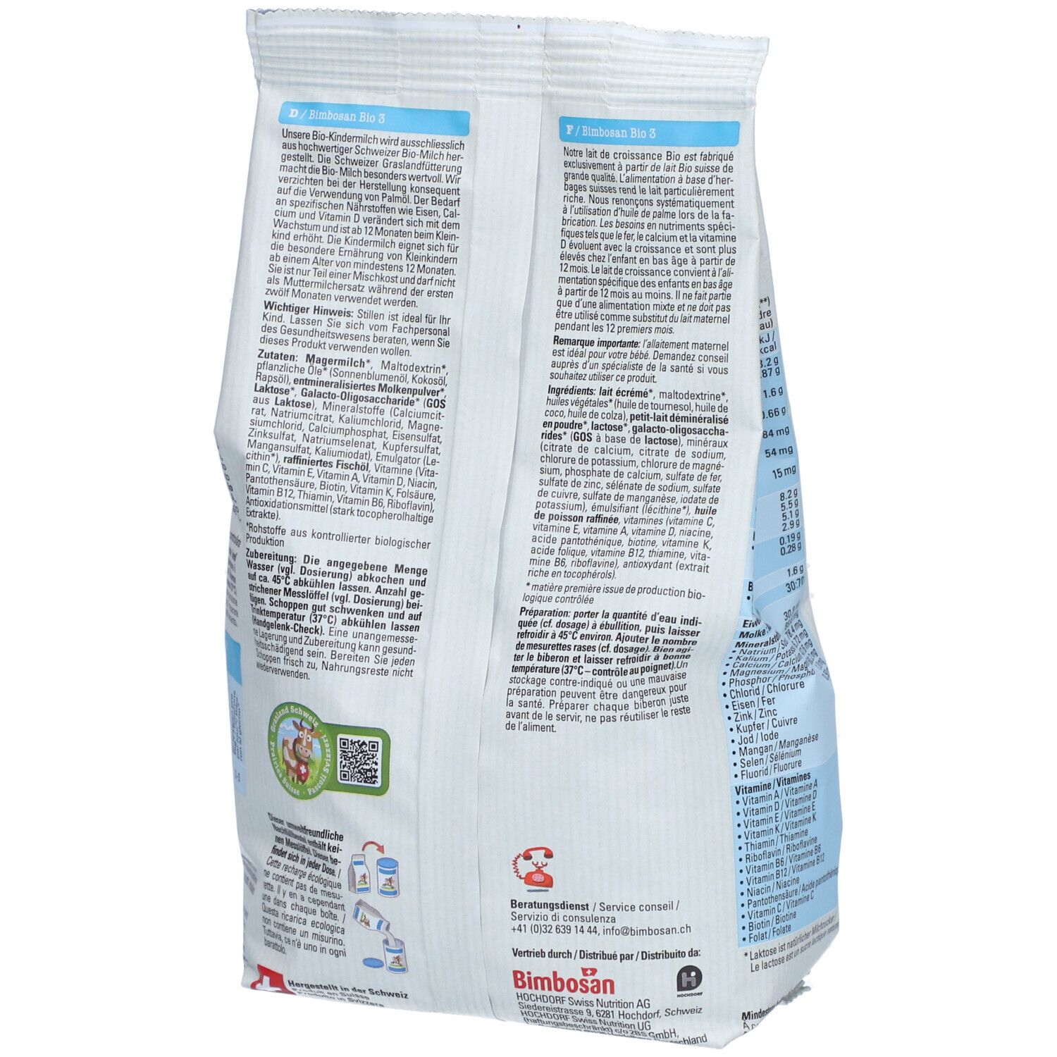 Achterkant van een witte zak. Tekst in meerdere talen. Voedingswaarde-informatie, ingrediënten, fabrikantinfo en QR-code.