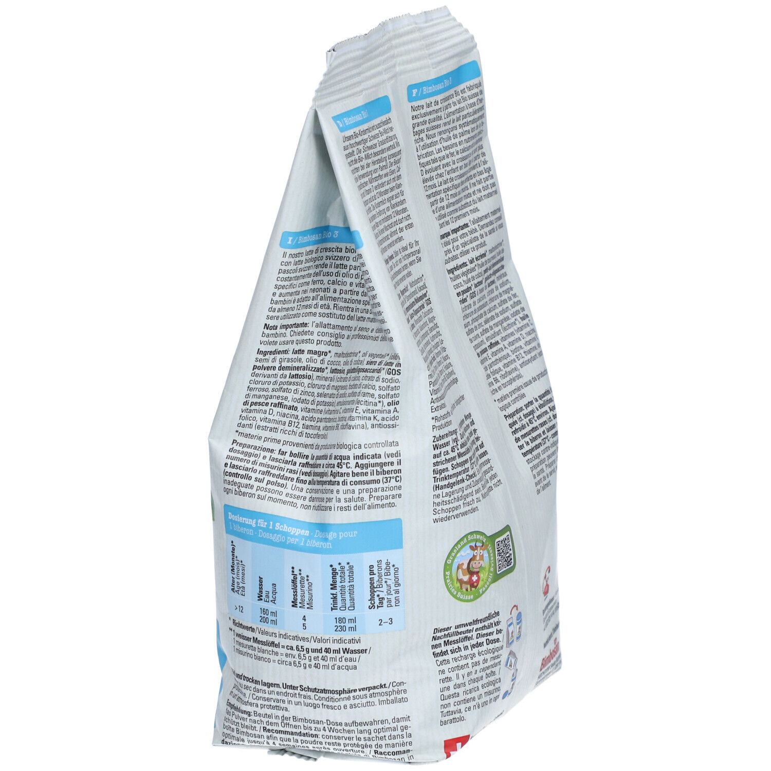 Schuine zak. Tekst in meerdere talen. Voedingswaarde-informatie, ingrediënten, fabrikantinfo en QR-code.