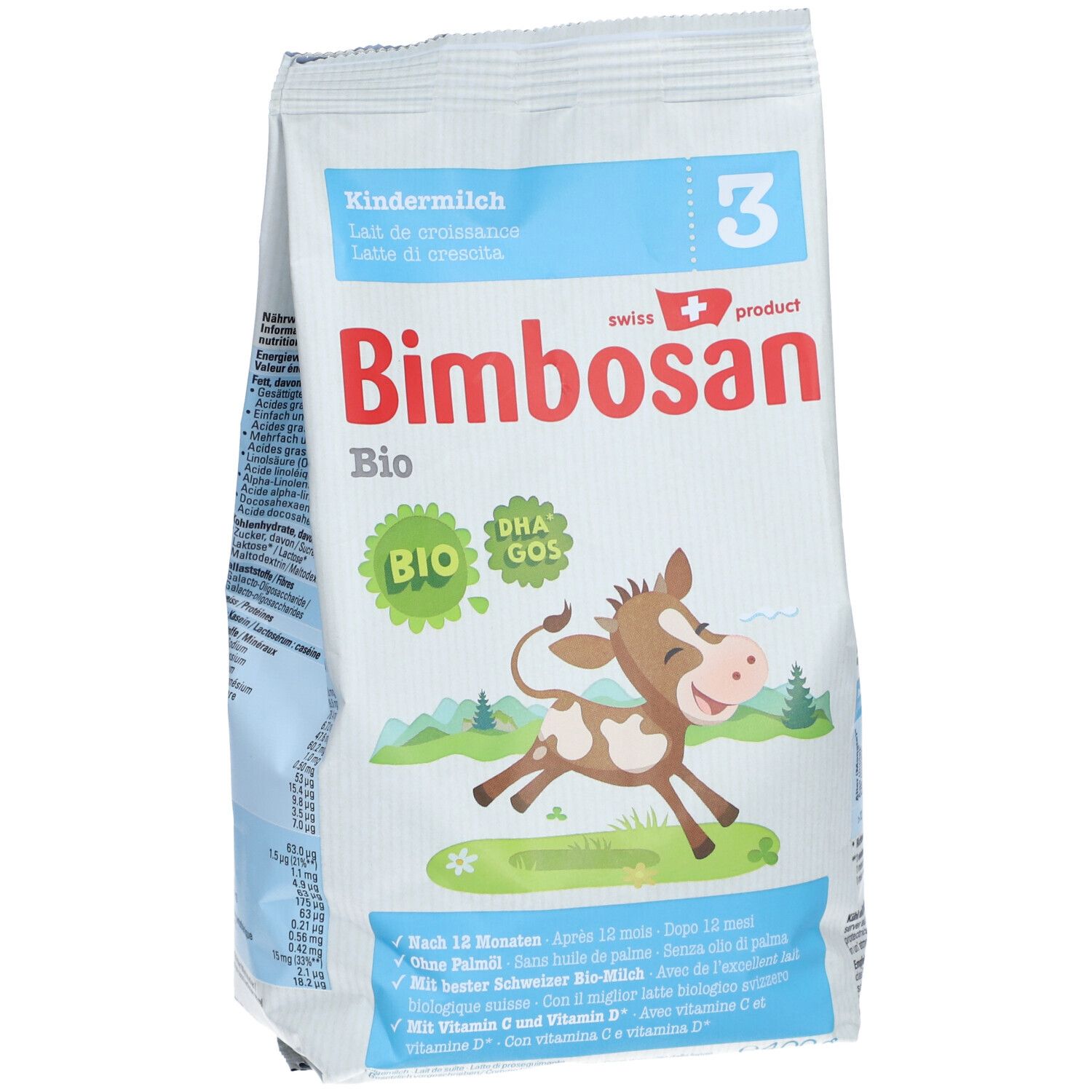 Witte zak met opdruk. "Bimbosan Bio" logo, koe-illustratie, tekst in het Duits, Frans, Italiaans. "3" rechtsboven.