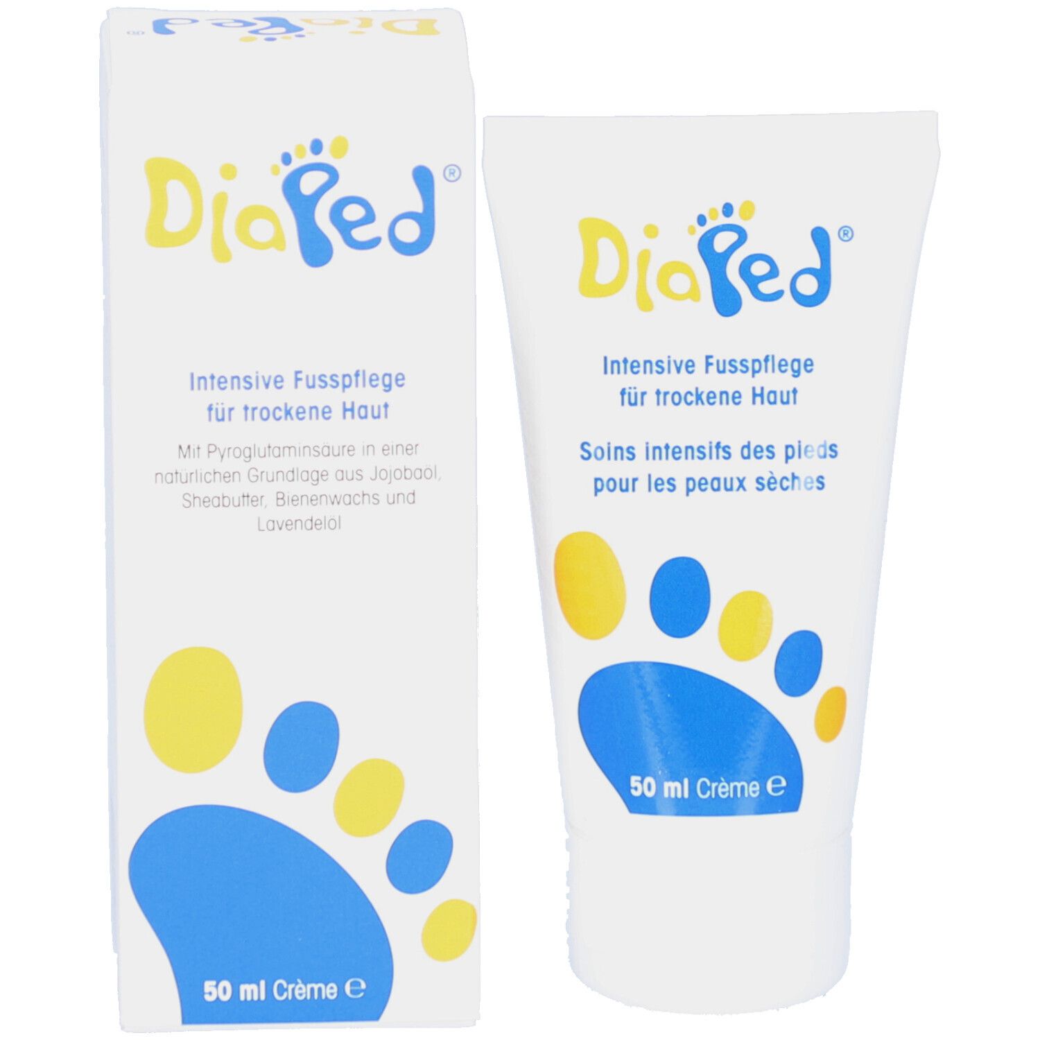 DiaPed tube en doos. Logo, voetprint-ontwerp. Tekst: Intensive Fußpflege für trockene Haut. 50 ml Crème.