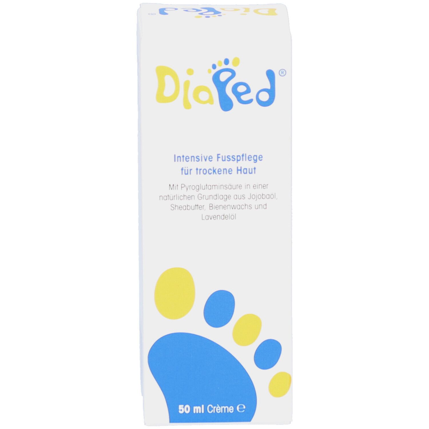Witte doos met DiaPed-logo, voetprint-ontwerp. Tekst: Intensive Fußpflege für trockene Haut. 50 ml Crème.