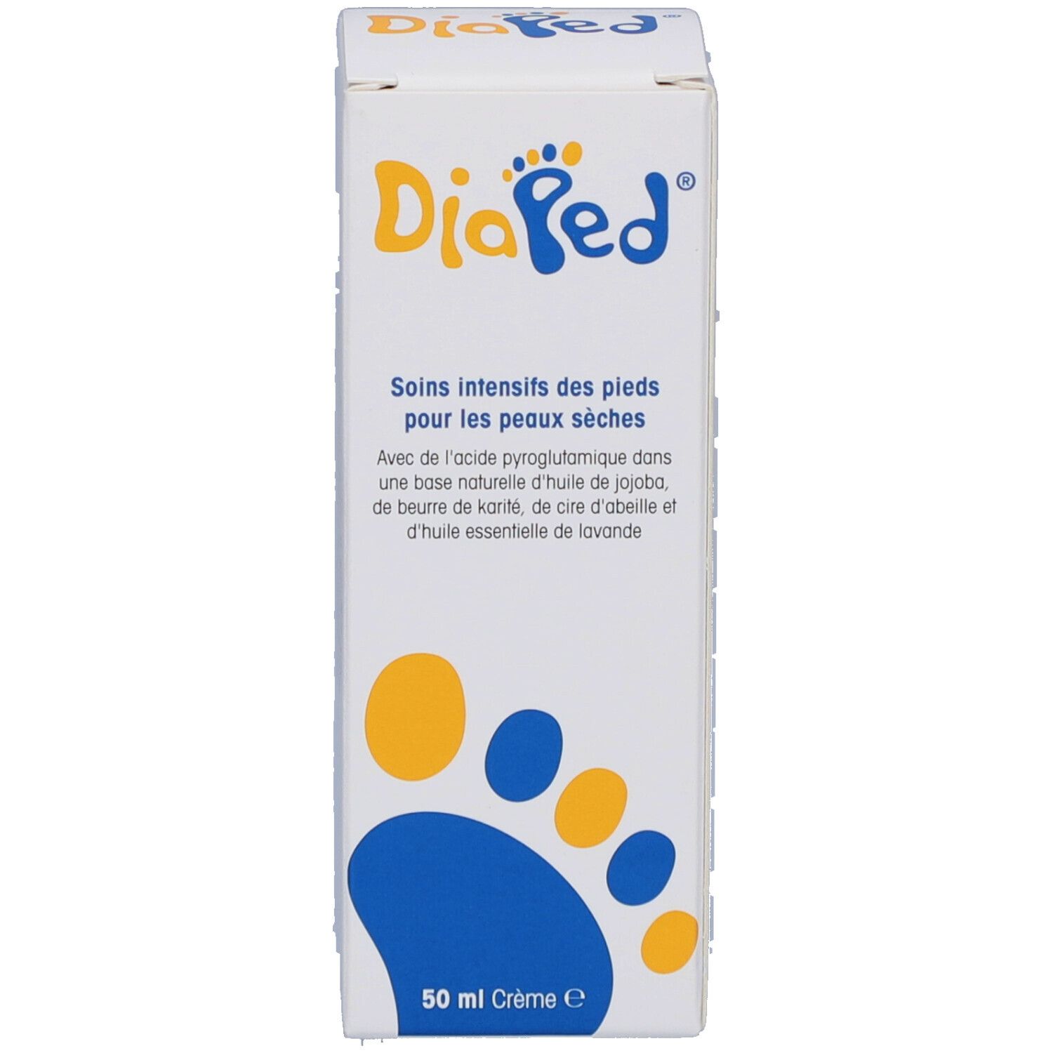 Zijkant van de witte doos. DiaPed-logo, voetprint-ontwerp. Tekst: Soins intensifs des pieds pour peaux sèches. 50 ml Crème.