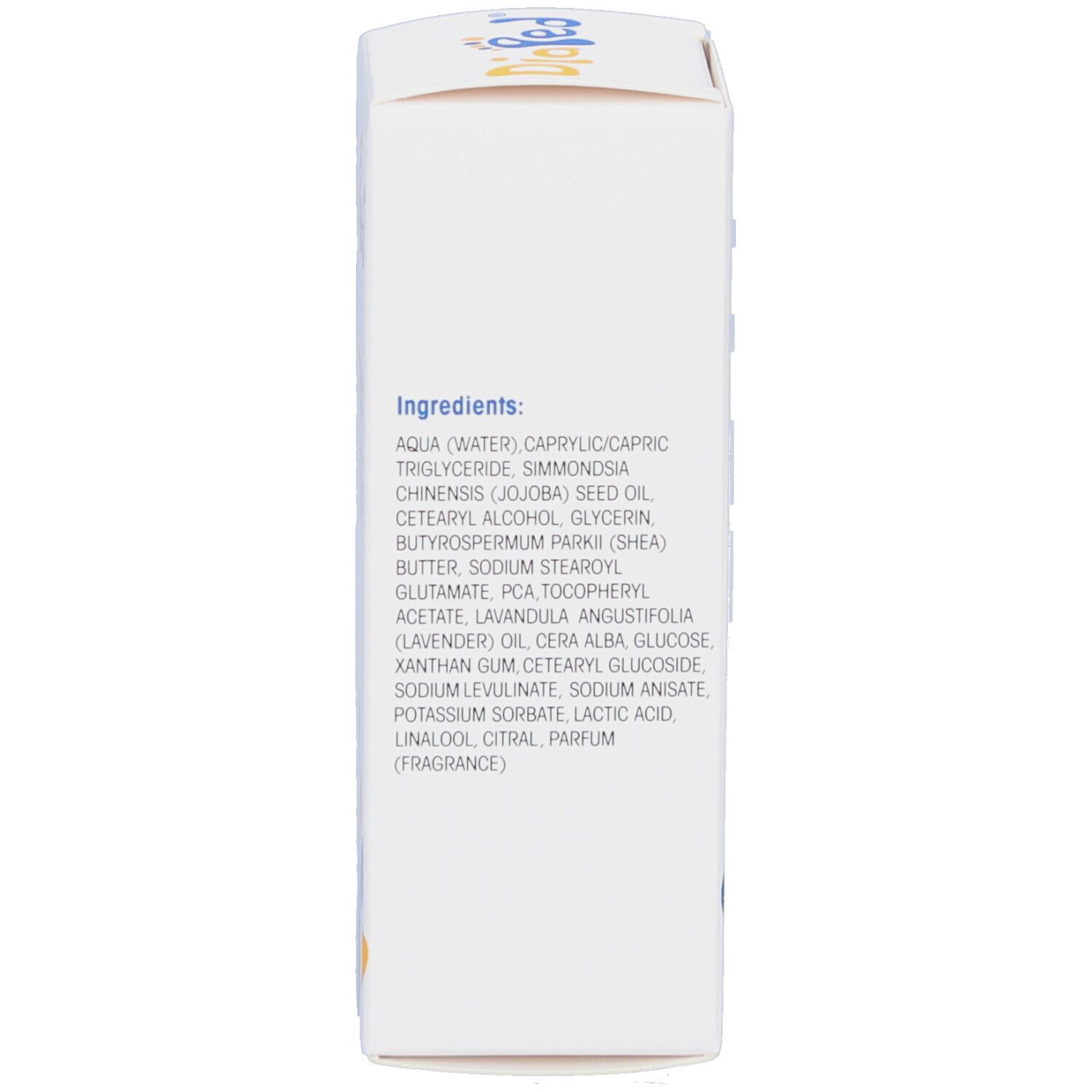 Zijkant van de witte doos. Ingrediëntenlijst. Aqua, Caprylic/Capric Triglyceride, Simmondsia Chinensis...