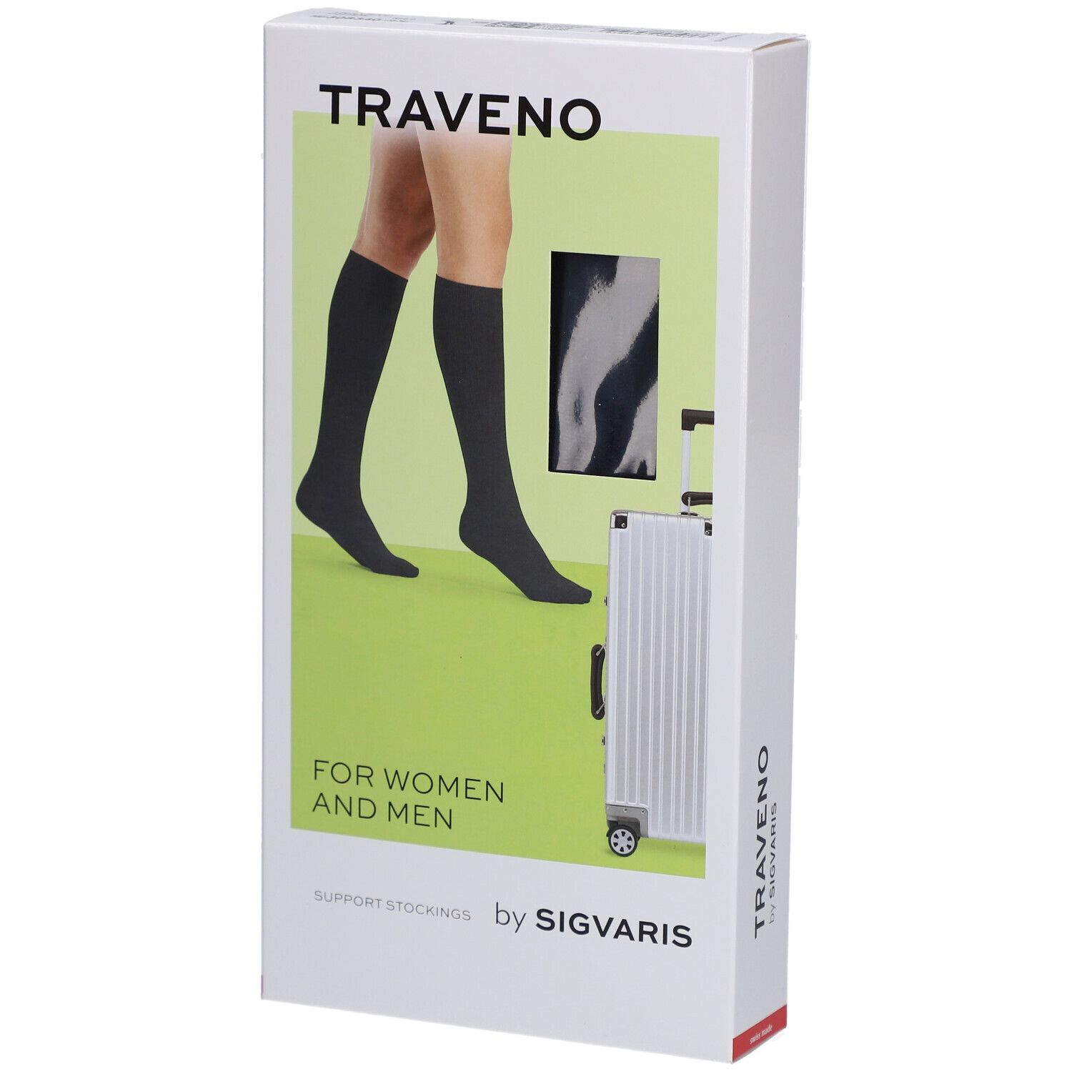 Verpakking met TRAVENO reissokken. Opschrift: FOR WOMEN AND MEN, by SIGVARIS. Afbeelding: kniekousen, koffer.