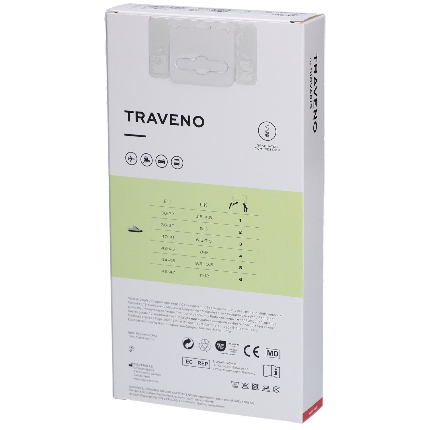 Achterkant van de verpakking van TRAVENO reissokken. Maatvoering, pictogrammen, CE-markering, fabrikantinformatie.