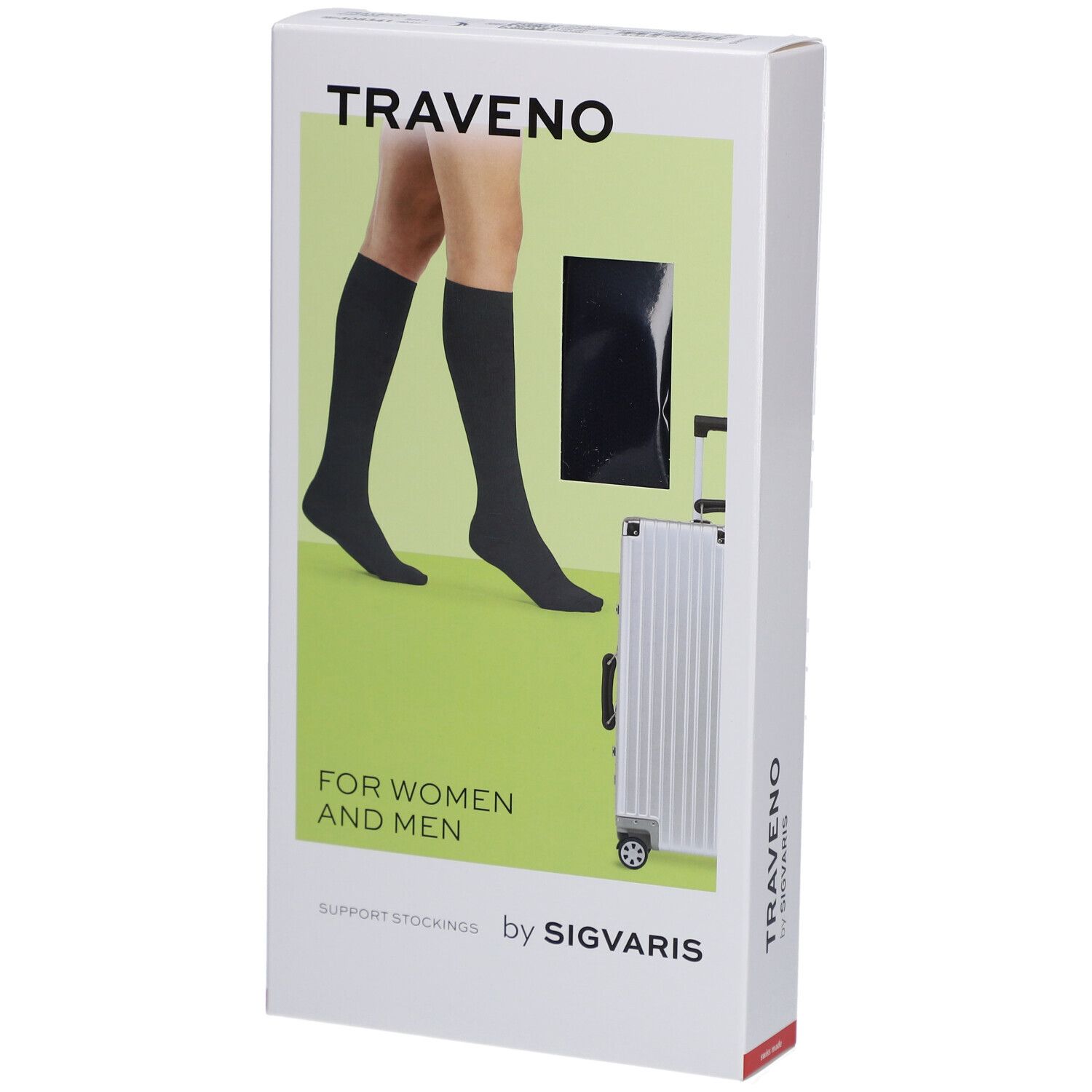 Verpakking van TRAVENO reissokken. Opschrift: TRAVENO, FOR WOMEN AND MEN, by SIGVARIS. Afbeelding: sokken op been, koffer.