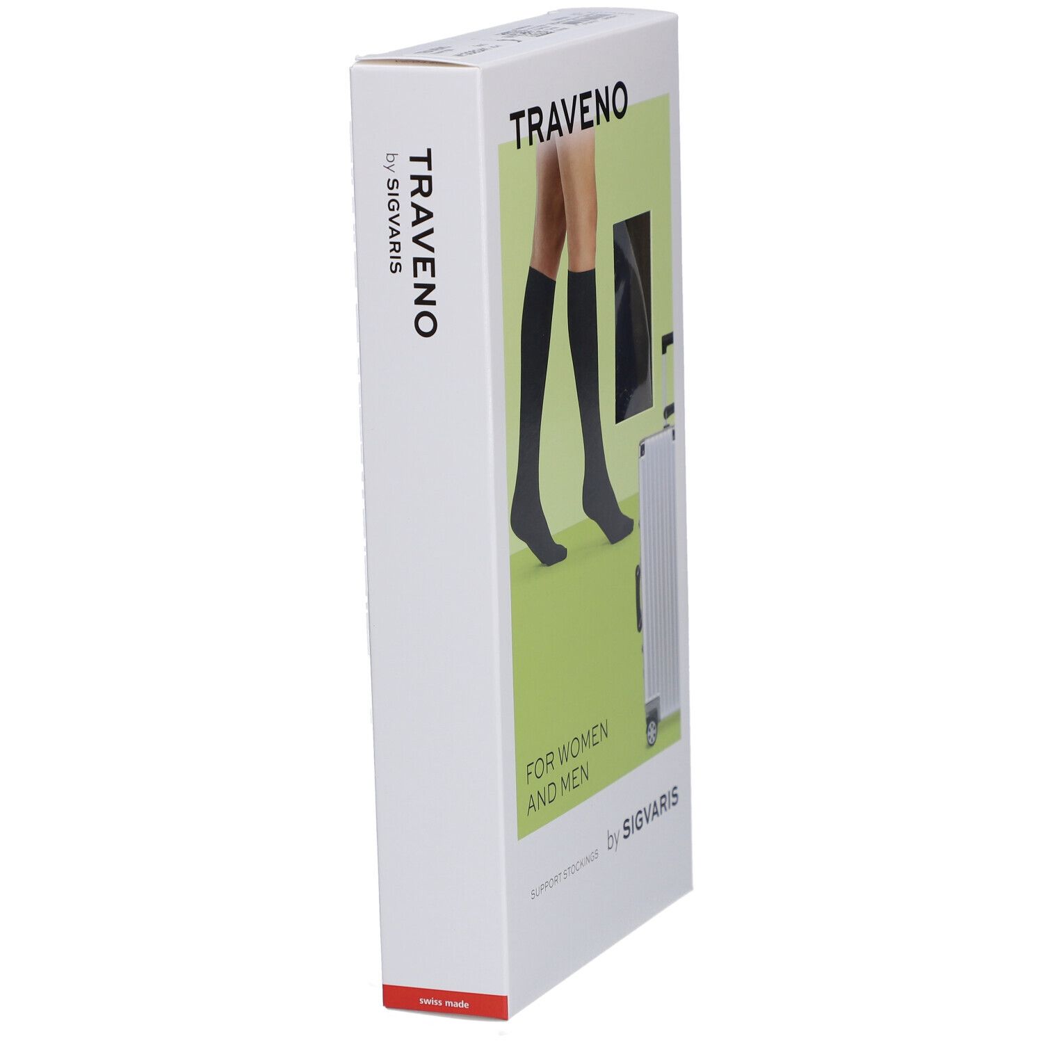 Verpakking van TRAVENO reissokken. Opschrift: TRAVENO by SIGVARIS, FOR WOMEN AND MEN. Afbeelding: sokken op been, koffer.