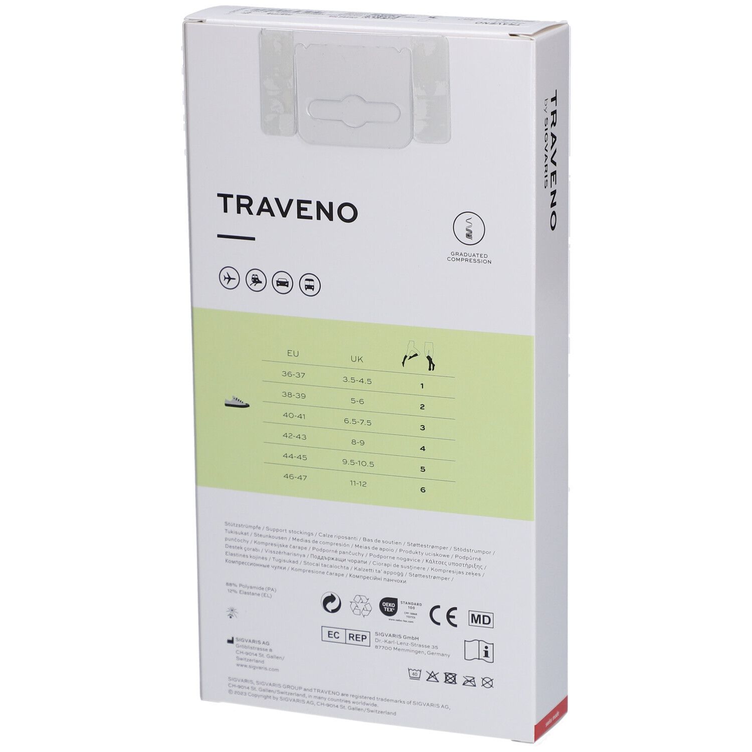 Achterkant van de verpakking van TRAVENO reissokken. Opschrift: maattabel, logo's, CE-markering, onderhoudsinstructies.