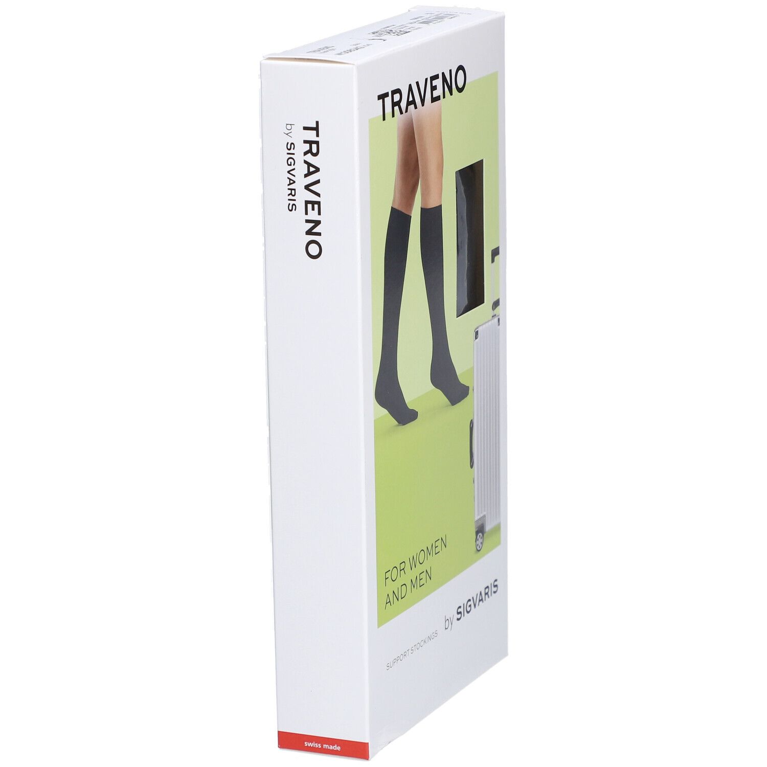 Boîte de chaussettes de voyage TRAVENO. Vue latérale. Texte: TRAVENO by SIGVARIS. FOR WOMEN AND MEN. Made in Switzerland.