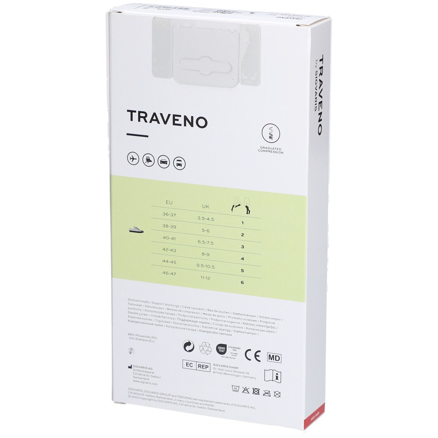 Dos de la boîte de chaussettes de voyage TRAVENO. Tableau des tailles et pictogrammes. Texte: TRAVENO by SIGVARIS.