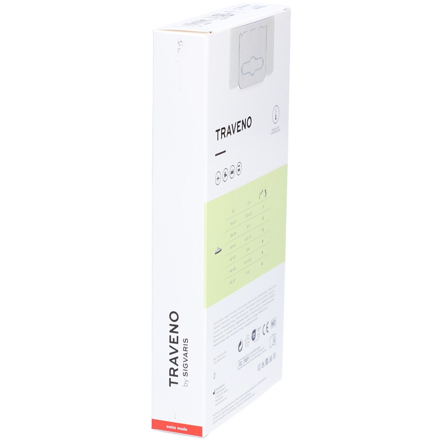 Vue latérale de la boîte de chaussettes de voyage TRAVENO. Texte: TRAVENO by SIGVARIS. Tableau des tailles et pictogrammes.