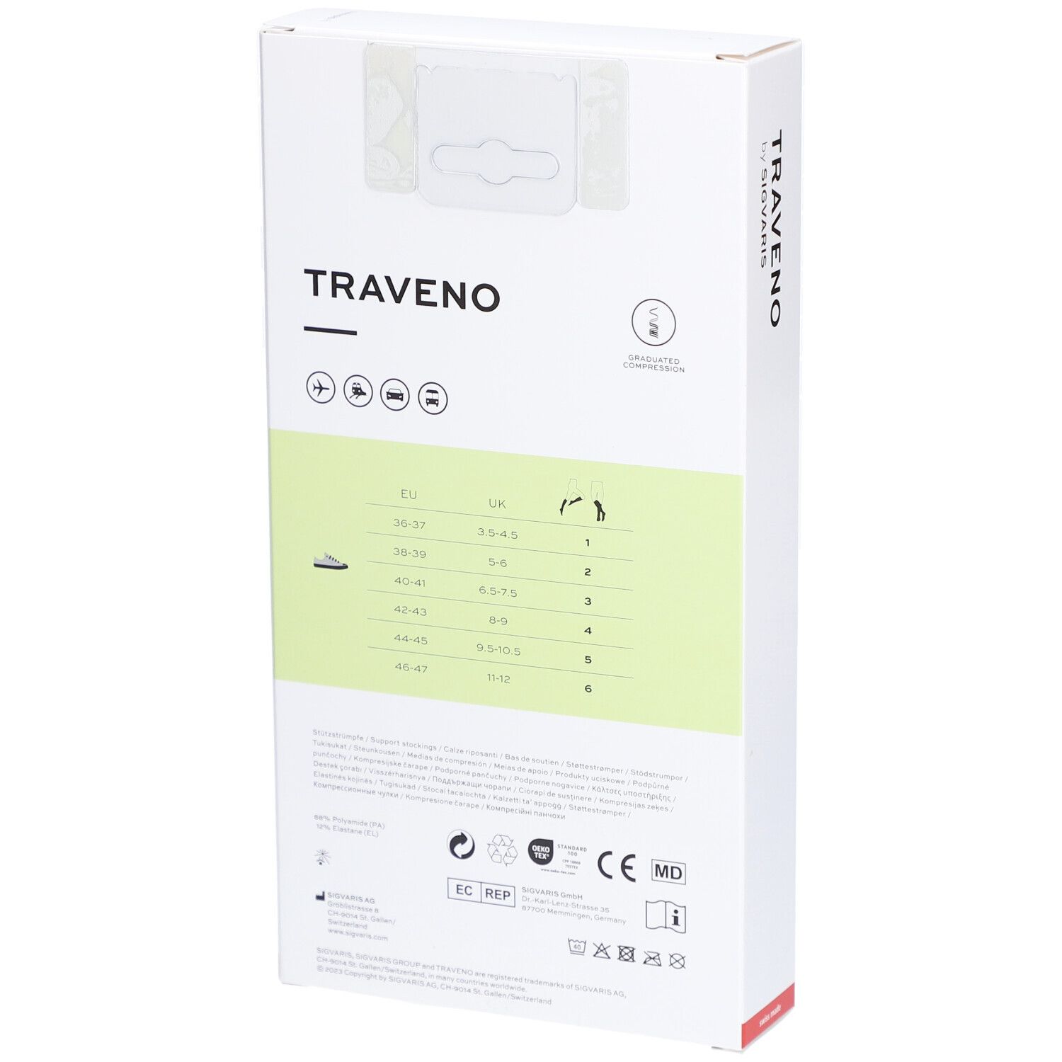 Dos de la boîte. Inscription : TRAVENO, informations de taille, pictogrammes, marquage CE, logo EC REP, symboles de lavage.