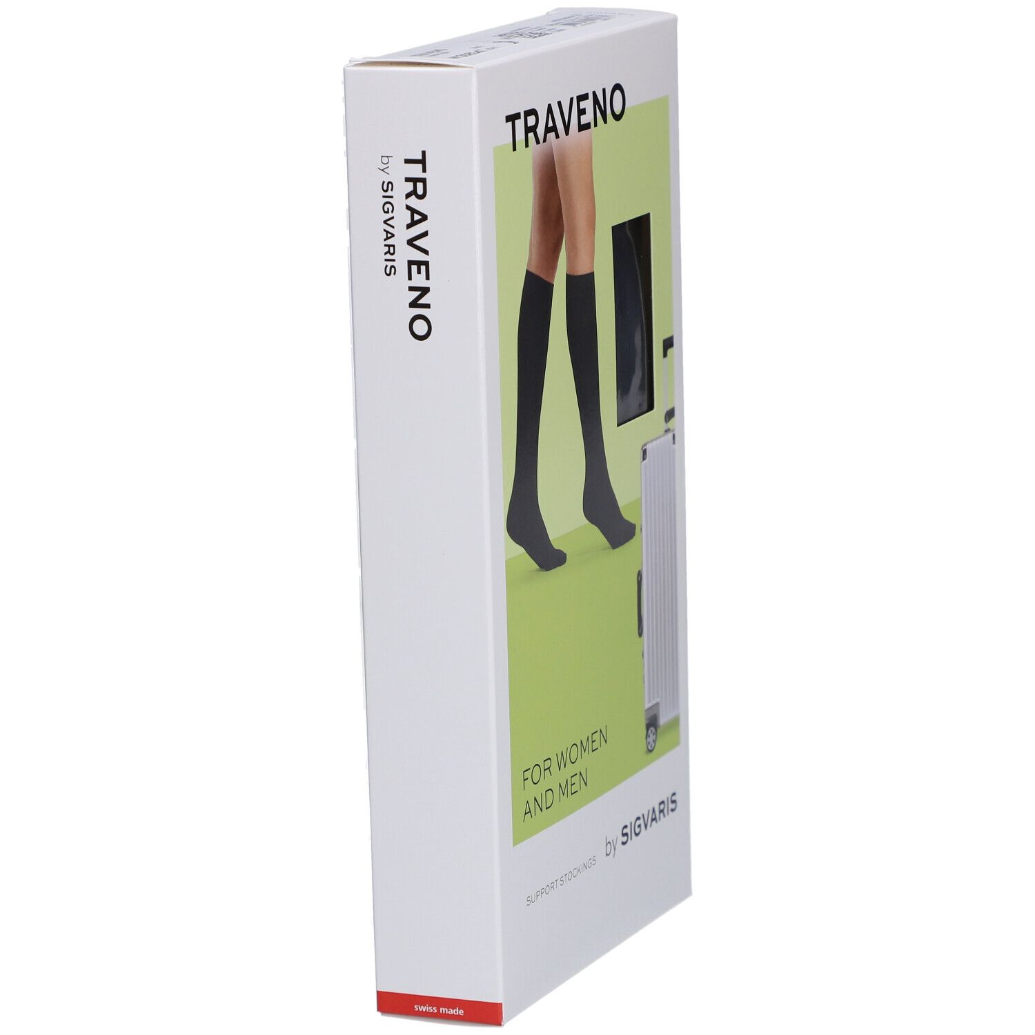 Boîte de chaussettes de voyage TRAVENO. Chaussettes hautes anthracite, illustration de jambes. Marque SIGVARIS.