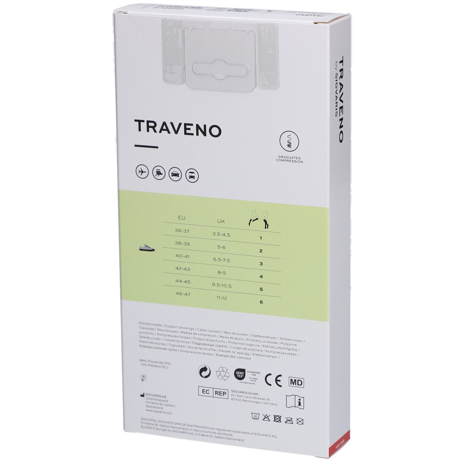 Dos de la boîte de chaussettes de voyage TRAVENO. Tableau des tailles, EU, UK, pointures. Marque SIGVARIS.