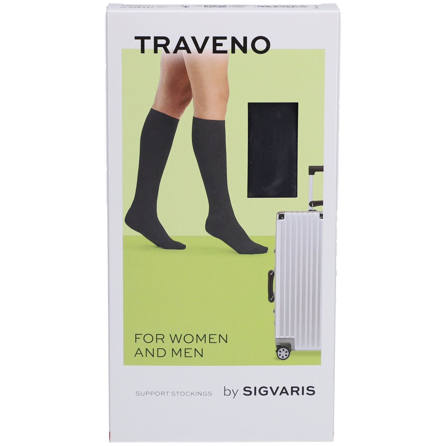 Boîte de chaussettes de voyage TRAVENO. Chaussettes hautes anthracite, illustration de jambes. Marque SIGVARIS.