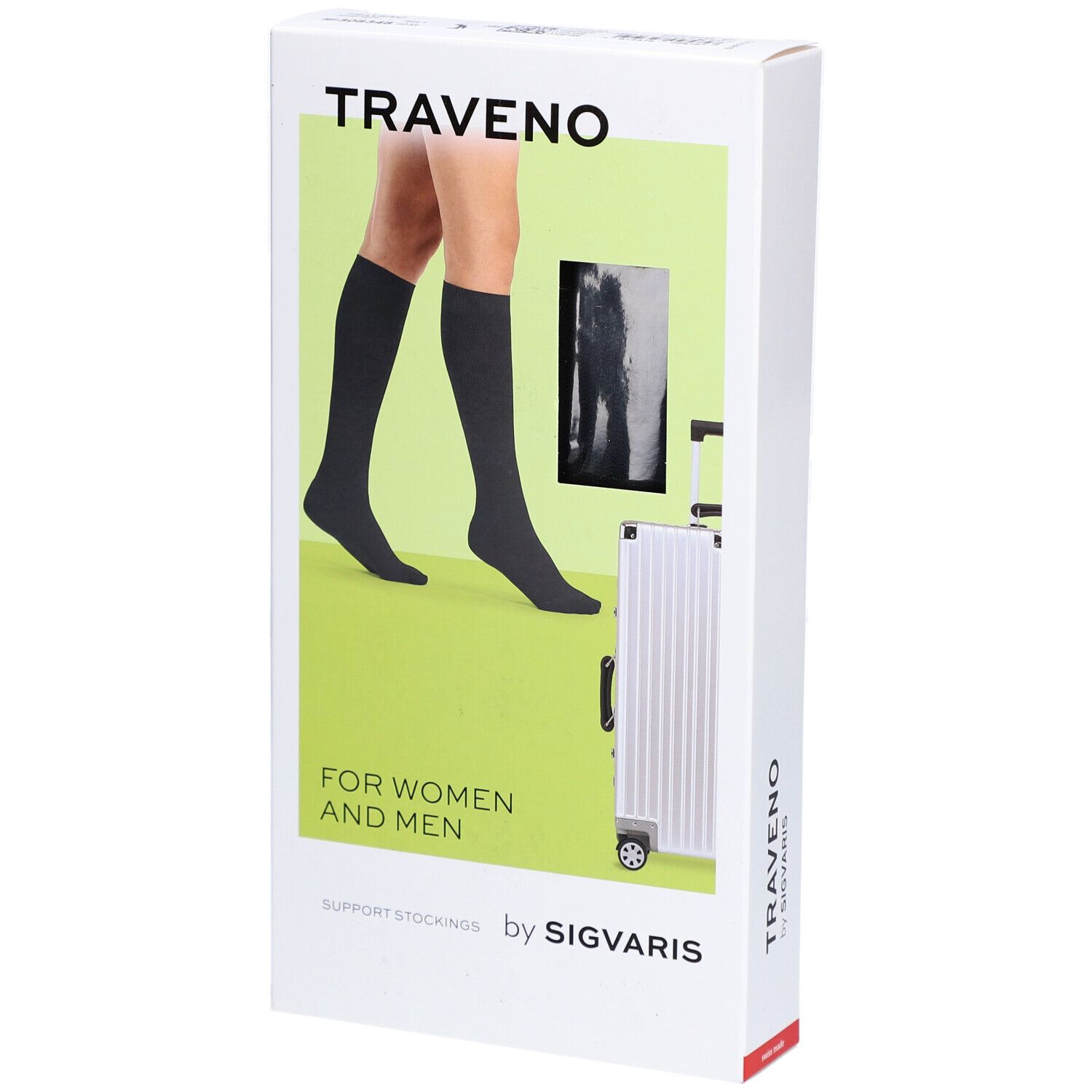 Verpakking met TRAVENO reiskousen. Antracietkleurige kniekousen, afbeelding van benen. Tekst: FOR WOMEN AND MEN, by SIGVARIS.