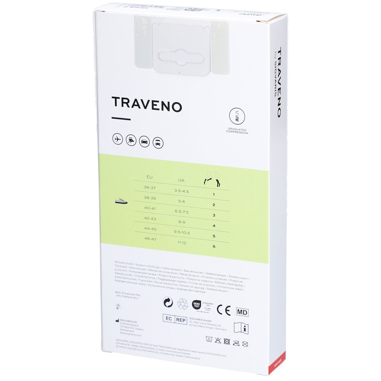 Achterkant van de verpakking van TRAVENO reiskousen. Maattabel, logo's, CE-markering, MD-symbool, wassymbolen. Tekst: TRAVENO by SIGVARIS.