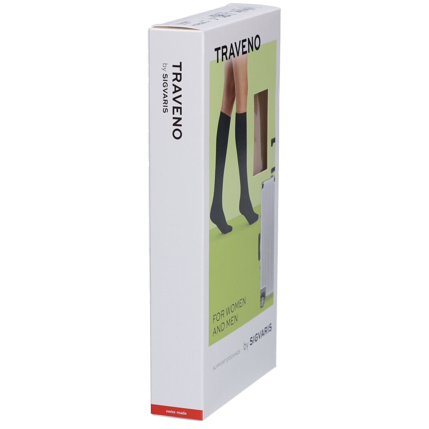 Emballage de chaussettes de voyage TRAVENO. Vue latérale. Texte: TRAVENO, by SIGVARIS. Image de jambes avec chaussettes.